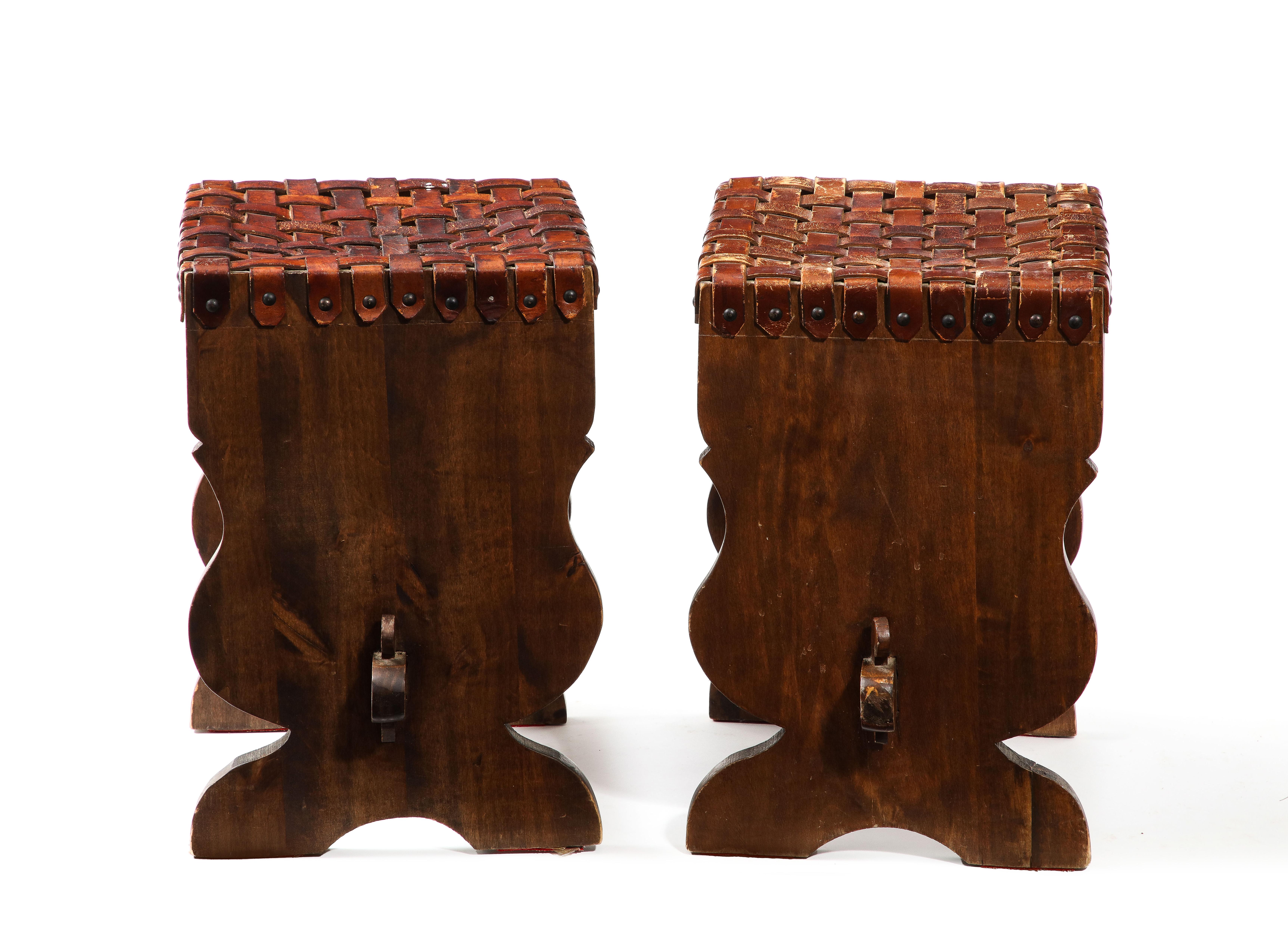 Pair of Small Woven Leather Stools, France 1950s For Sale 6