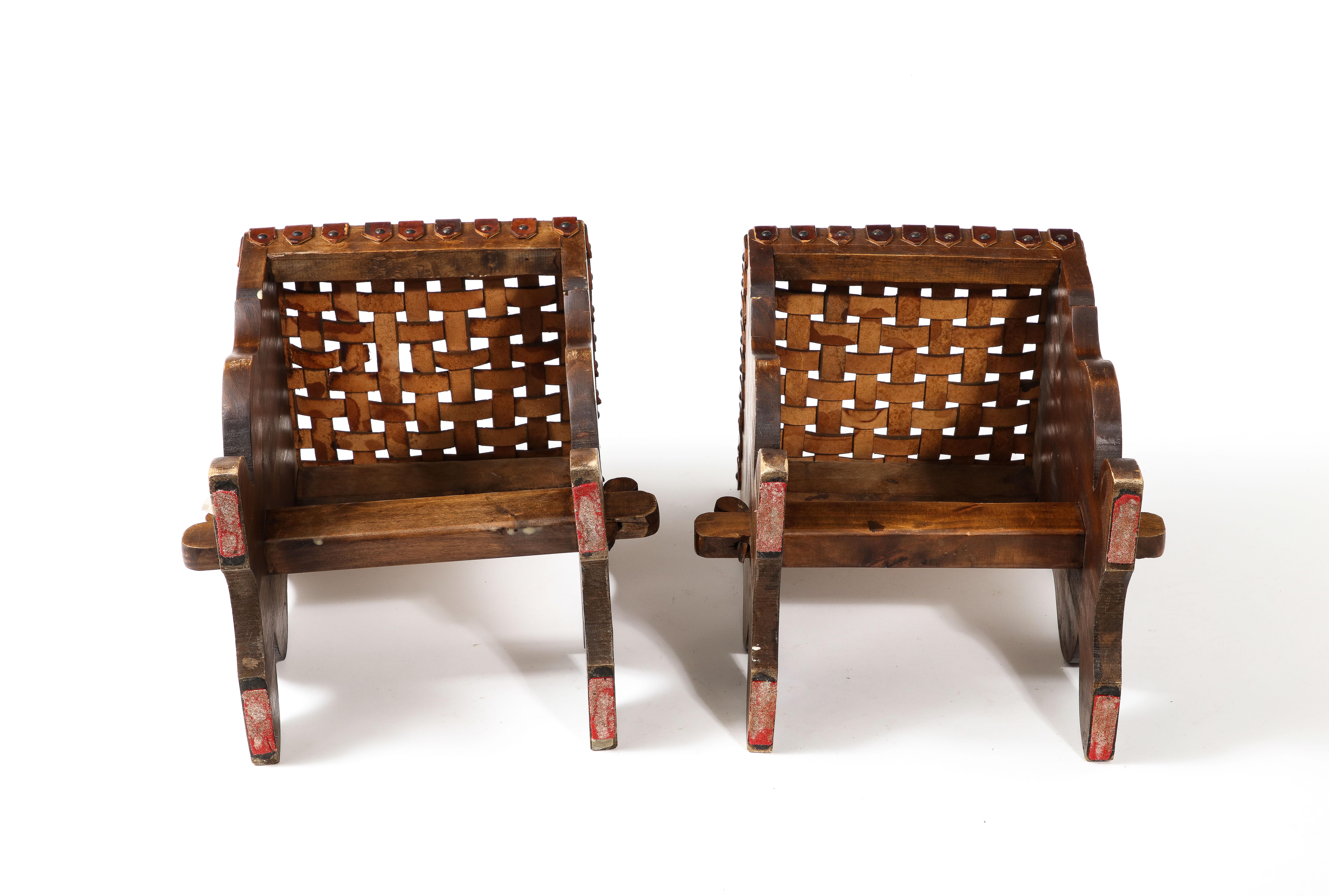 Pair of Small Woven Leather Stools, France 1950s For Sale 10