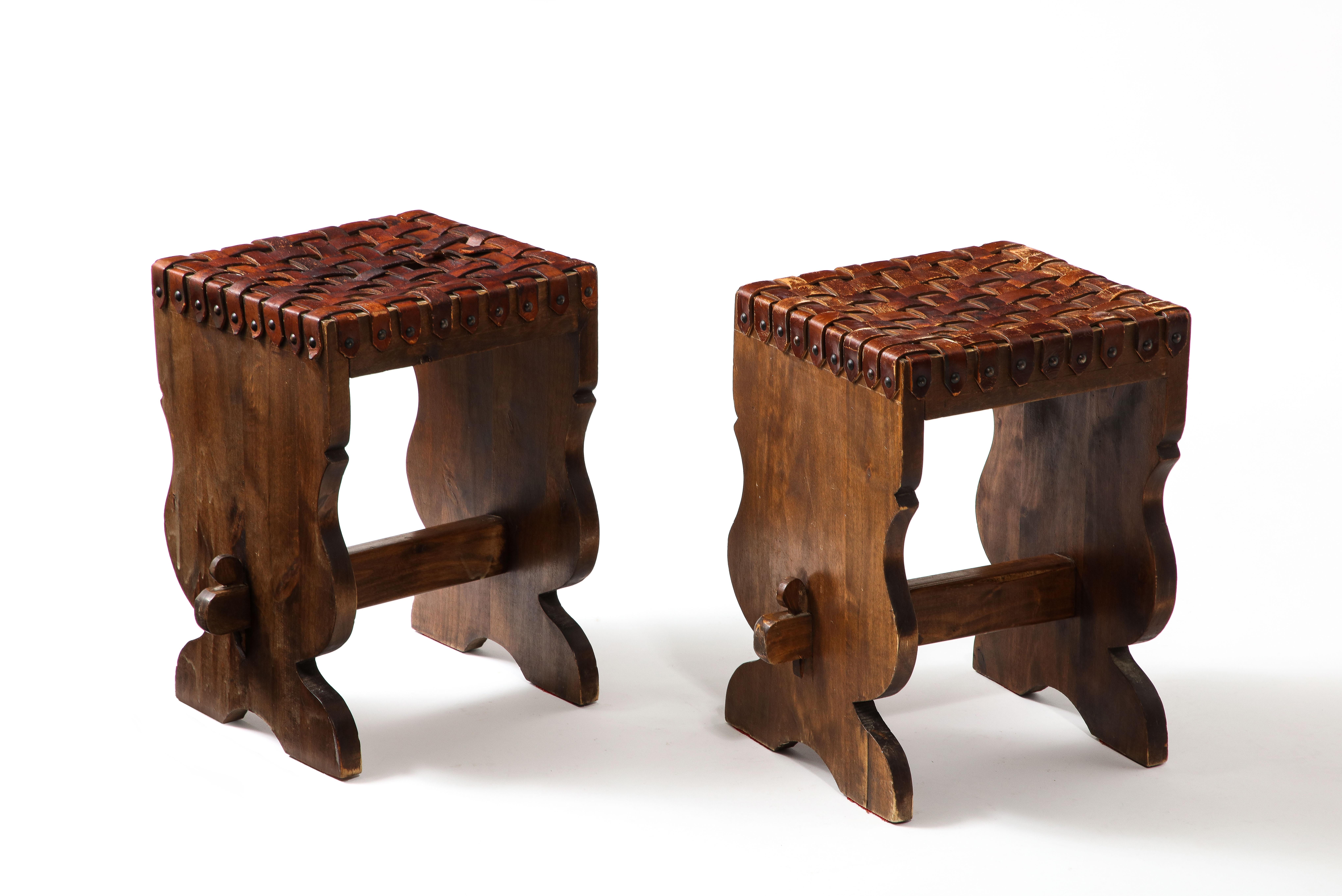 French Pair of Small Woven Leather Stools, France 1950s For Sale