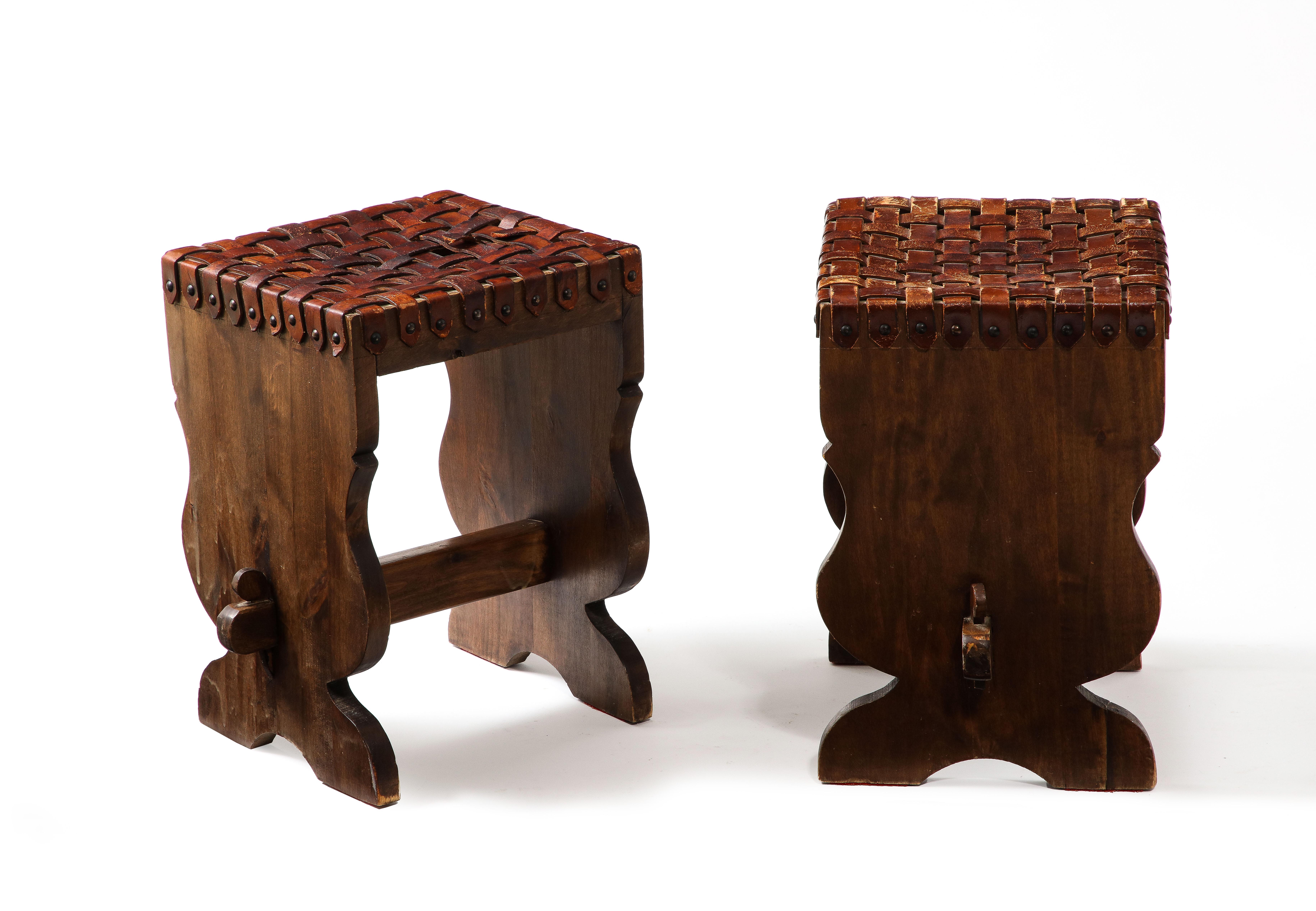 20th Century Pair of Small Woven Leather Stools, France 1950s