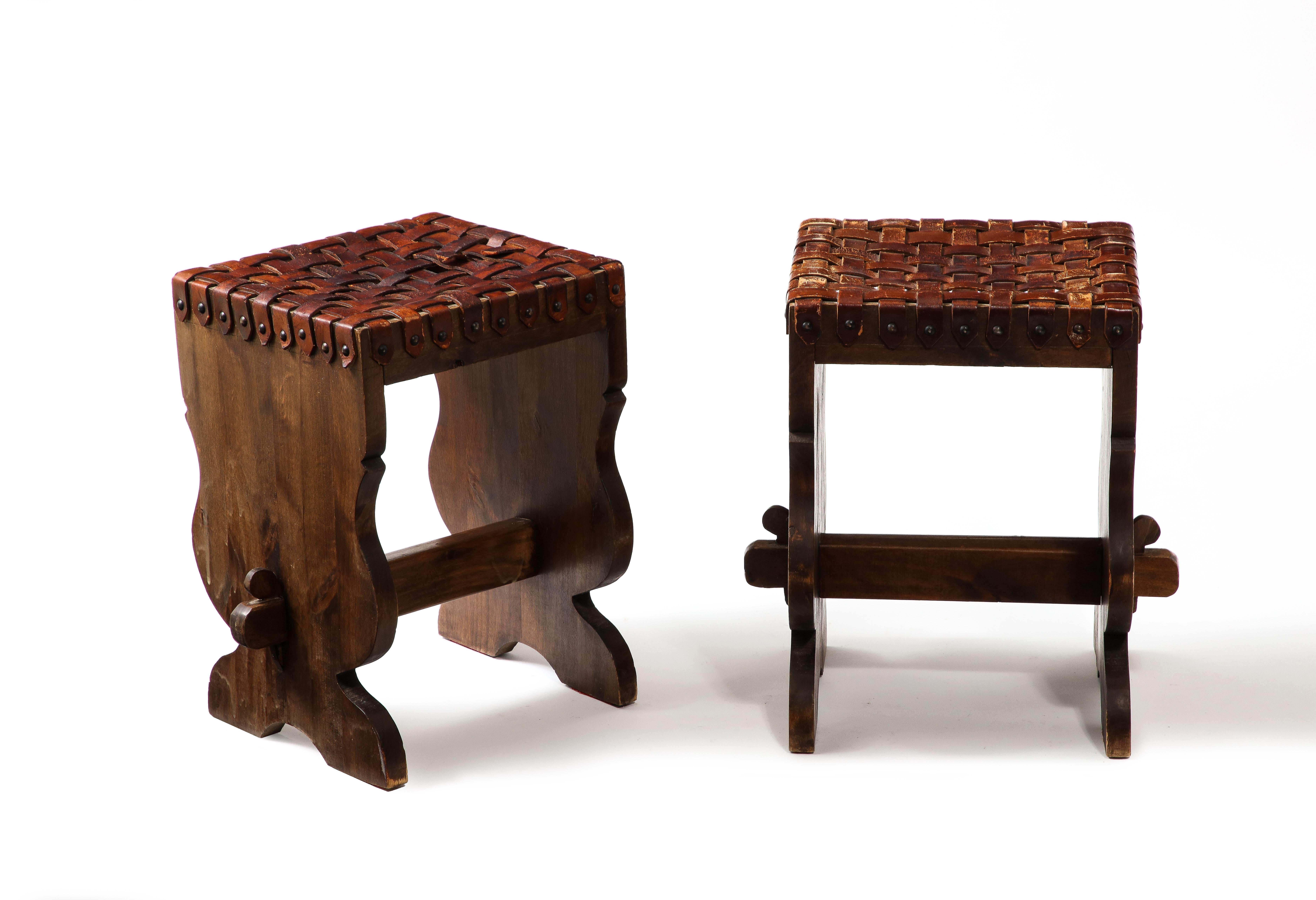 Brass Pair of Small Woven Leather Stools, France 1950s