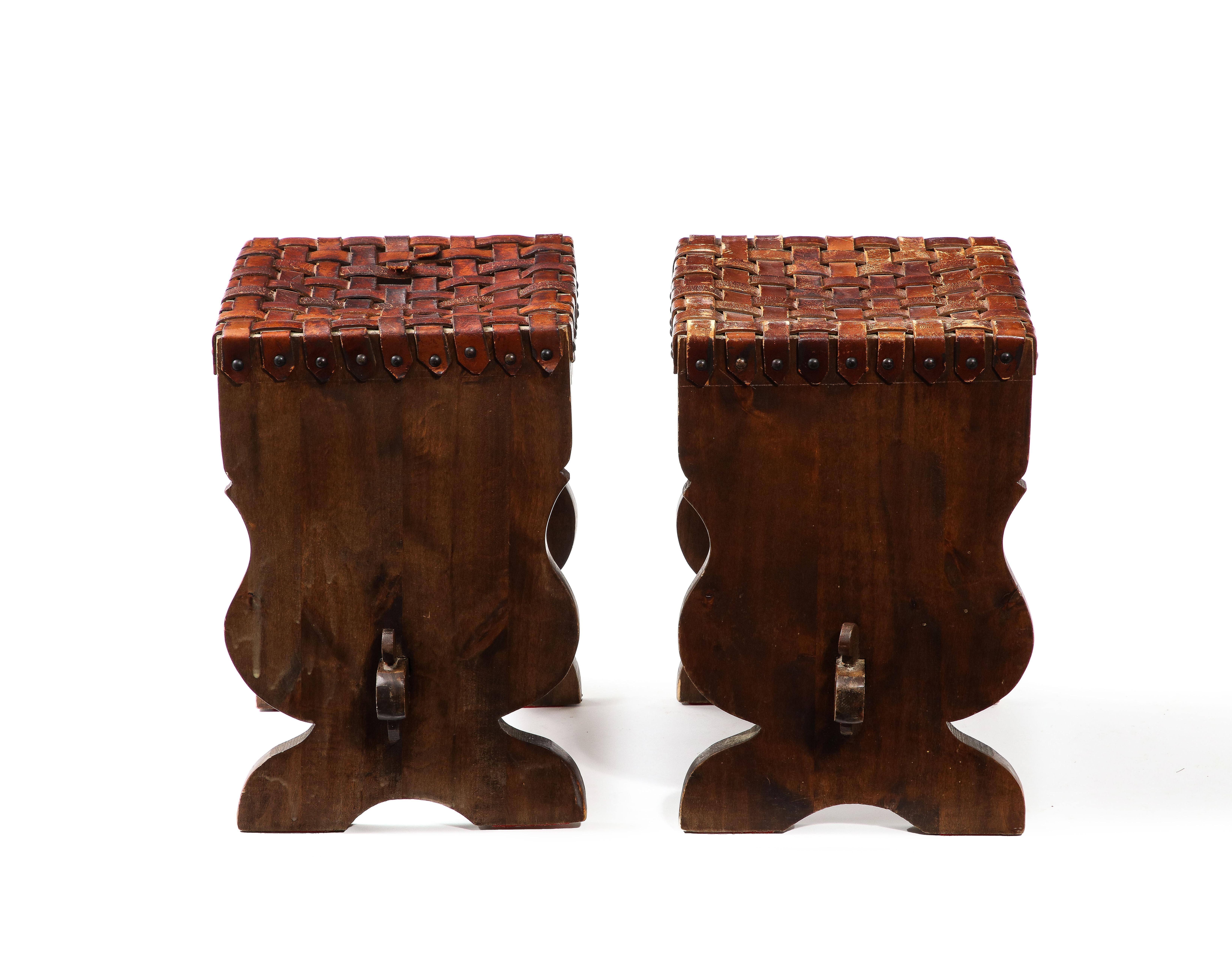 Pair of Small Woven Leather Stools, France 1950s For Sale 1