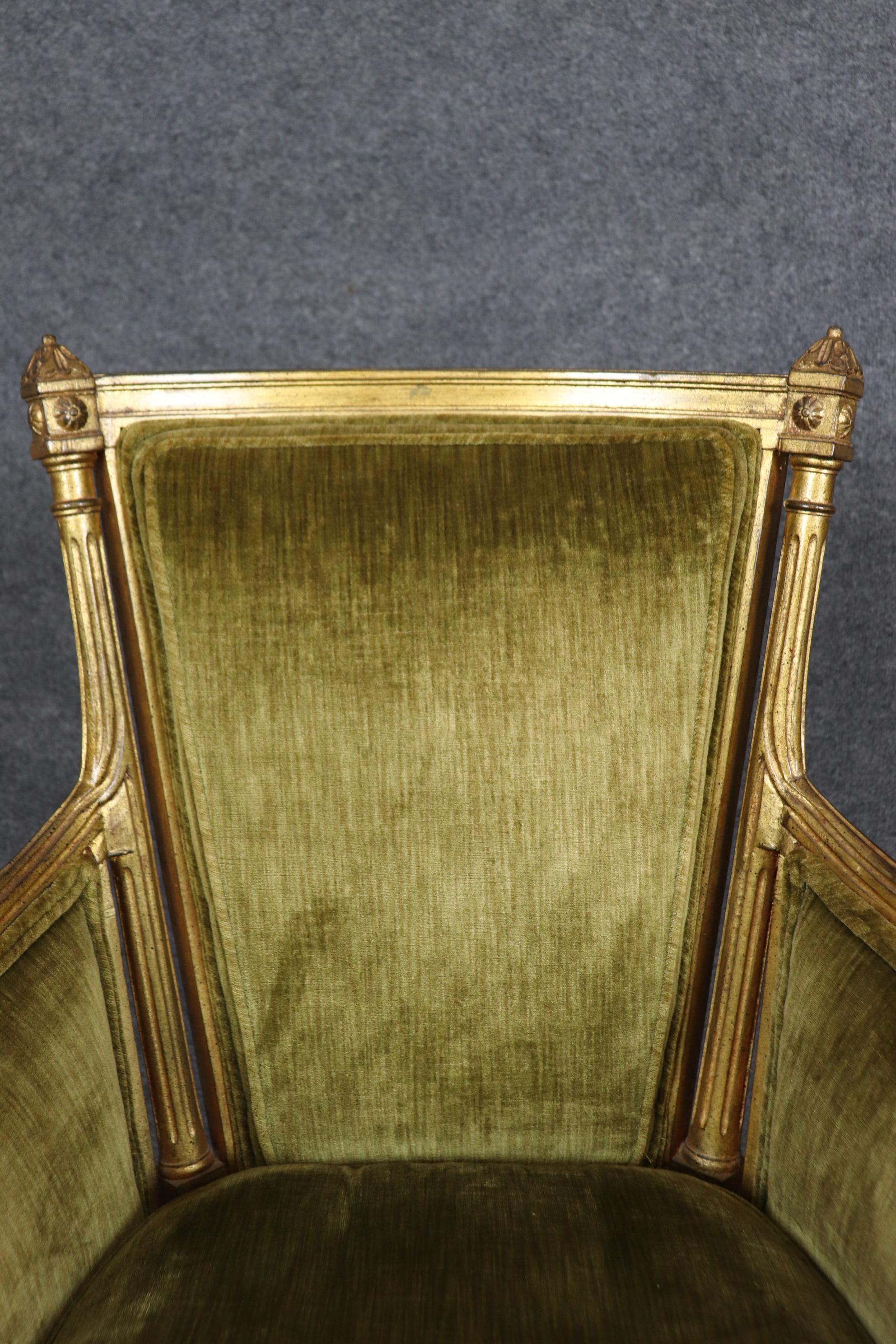 Pair of Smaller French Gilded Carved Directoire Bergere Chairs in Green Velvet For Sale 5