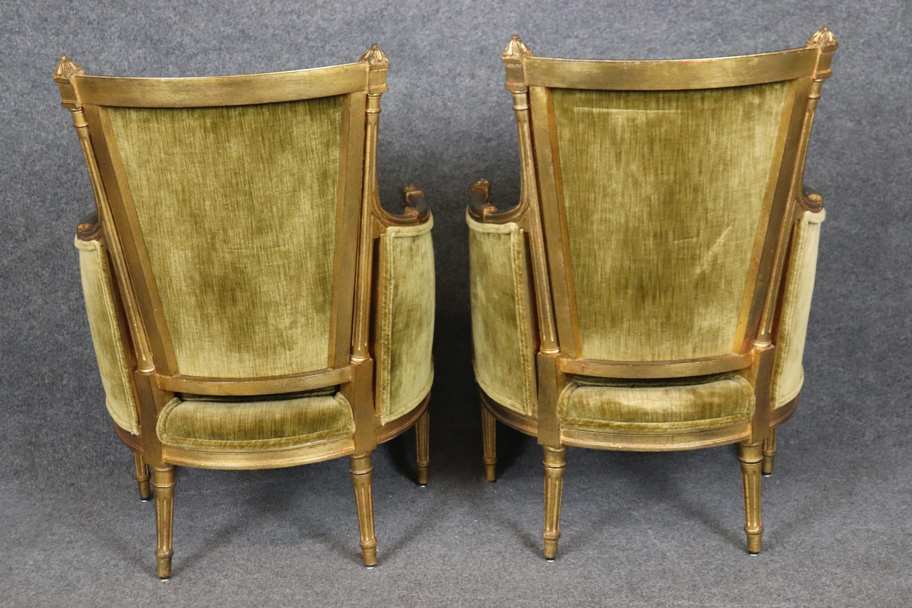 Mid-20th Century Pair of Smaller French Gilded Carved Directoire Bergere Chairs in Green Velvet For Sale