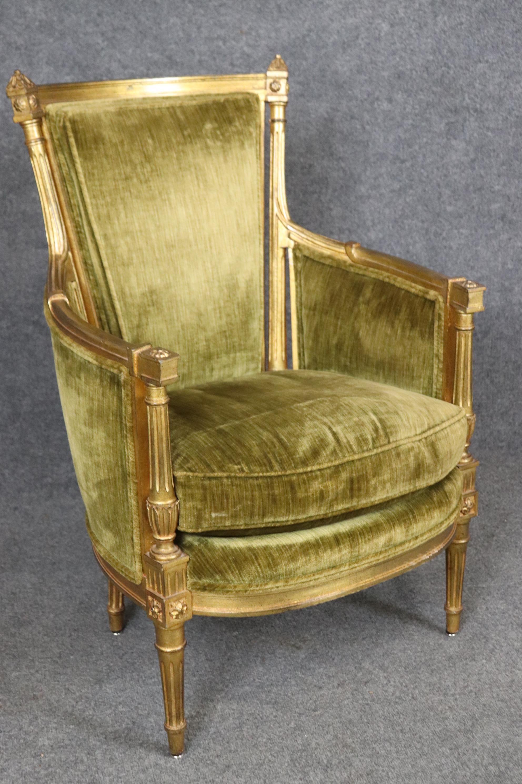 Pair of Smaller French Gilded Carved Directoire Bergere Chairs in Green Velvet For Sale 1