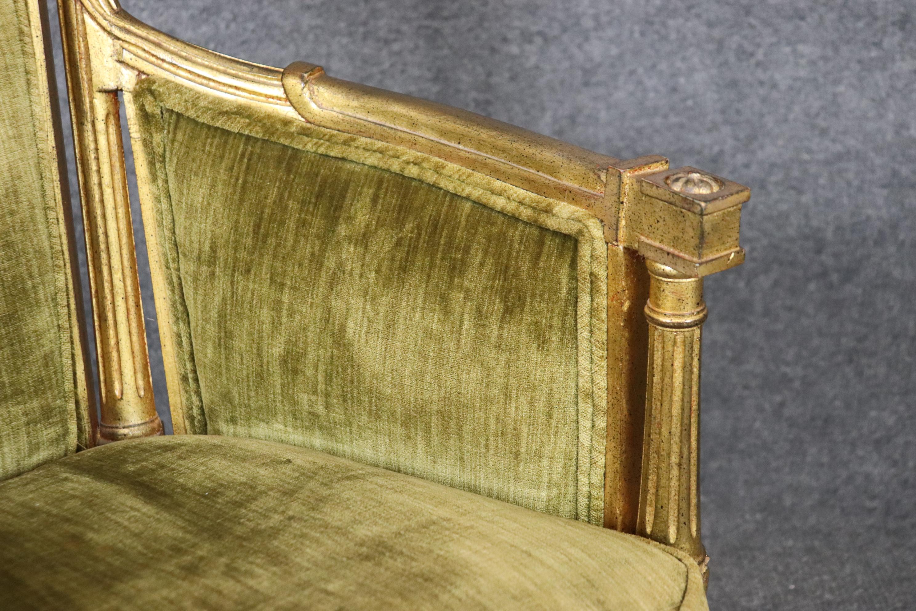 Pair of Smaller French Gilded Carved Directoire Bergere Chairs in Green Velvet For Sale 3