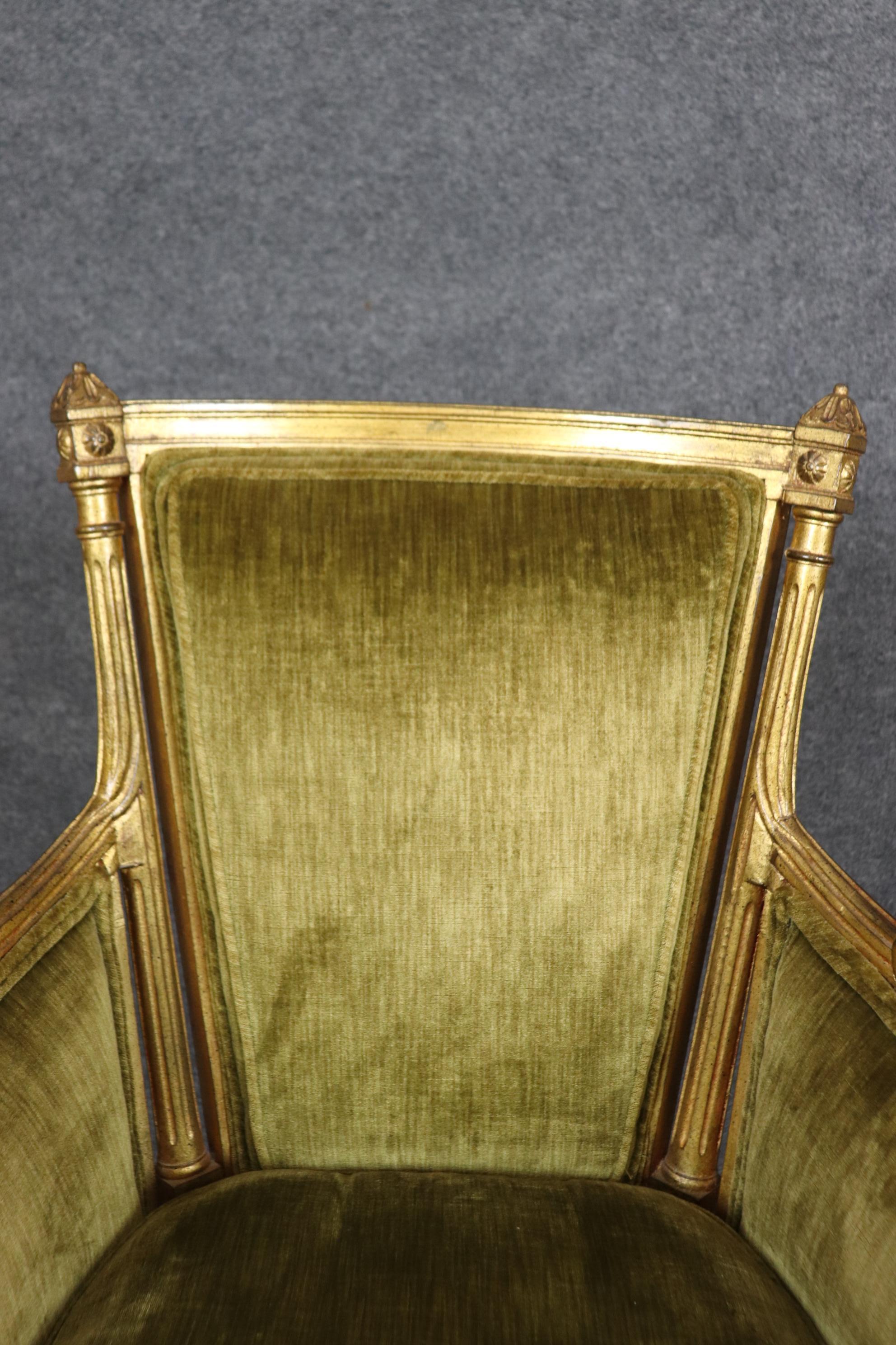 Pair of Smaller French Gilded Carved Directoire Bergere Chairs in Green Velvet For Sale 4