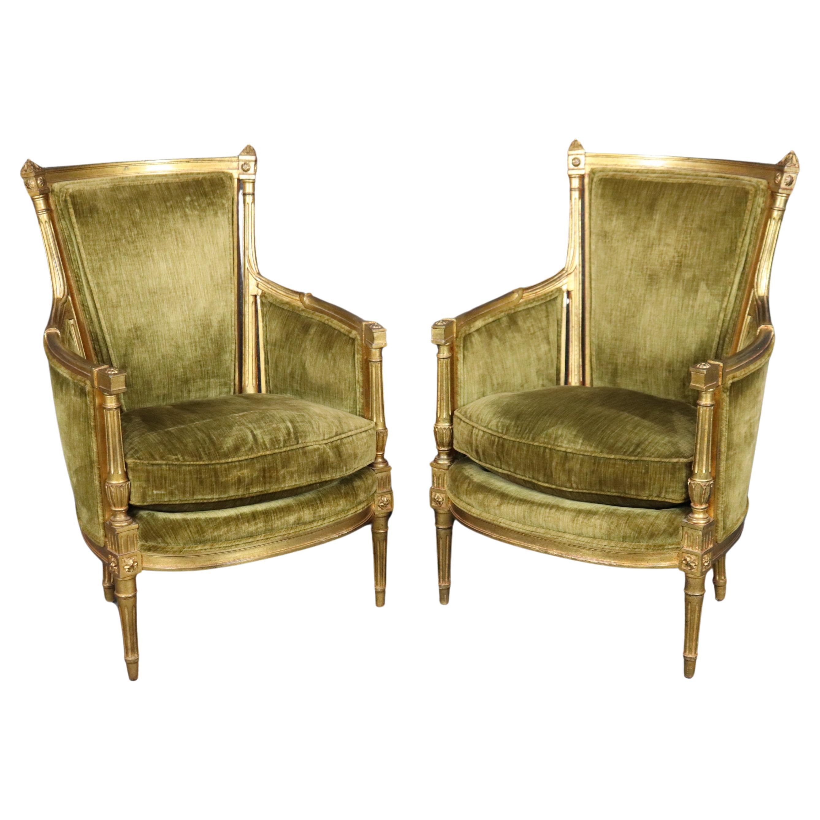 Pair of Smaller French Gilded Carved Directoire Bergere Chairs in Green Velvet