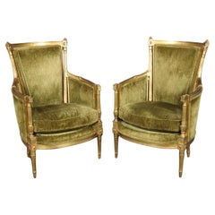 Antique Pair of Smaller French Gilded Carved Directoire Bergere Chairs in Green Velvet