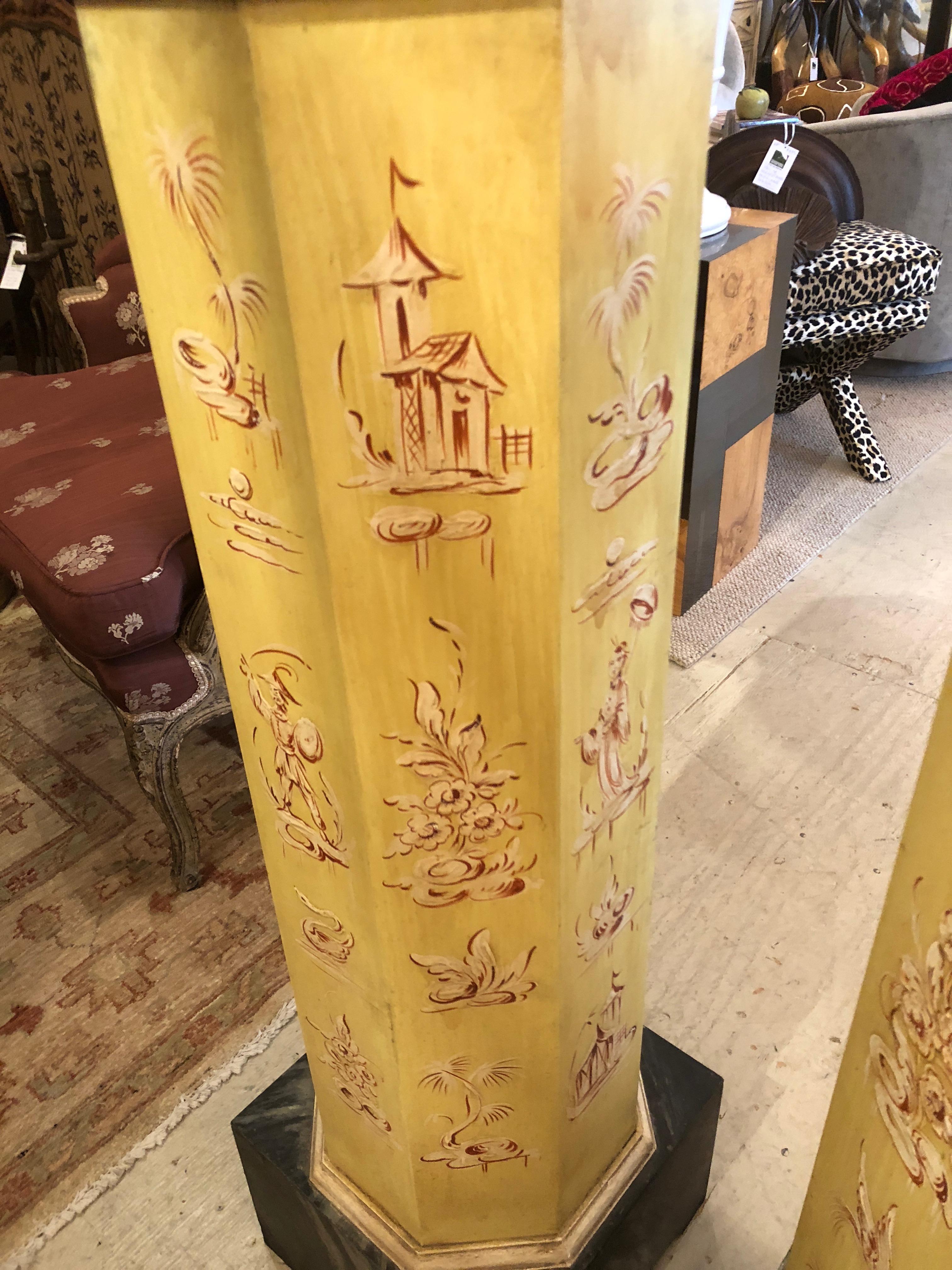 French Provincial Pair of Smashingly Dramatic Faux Painted Vintage Architectural Columns