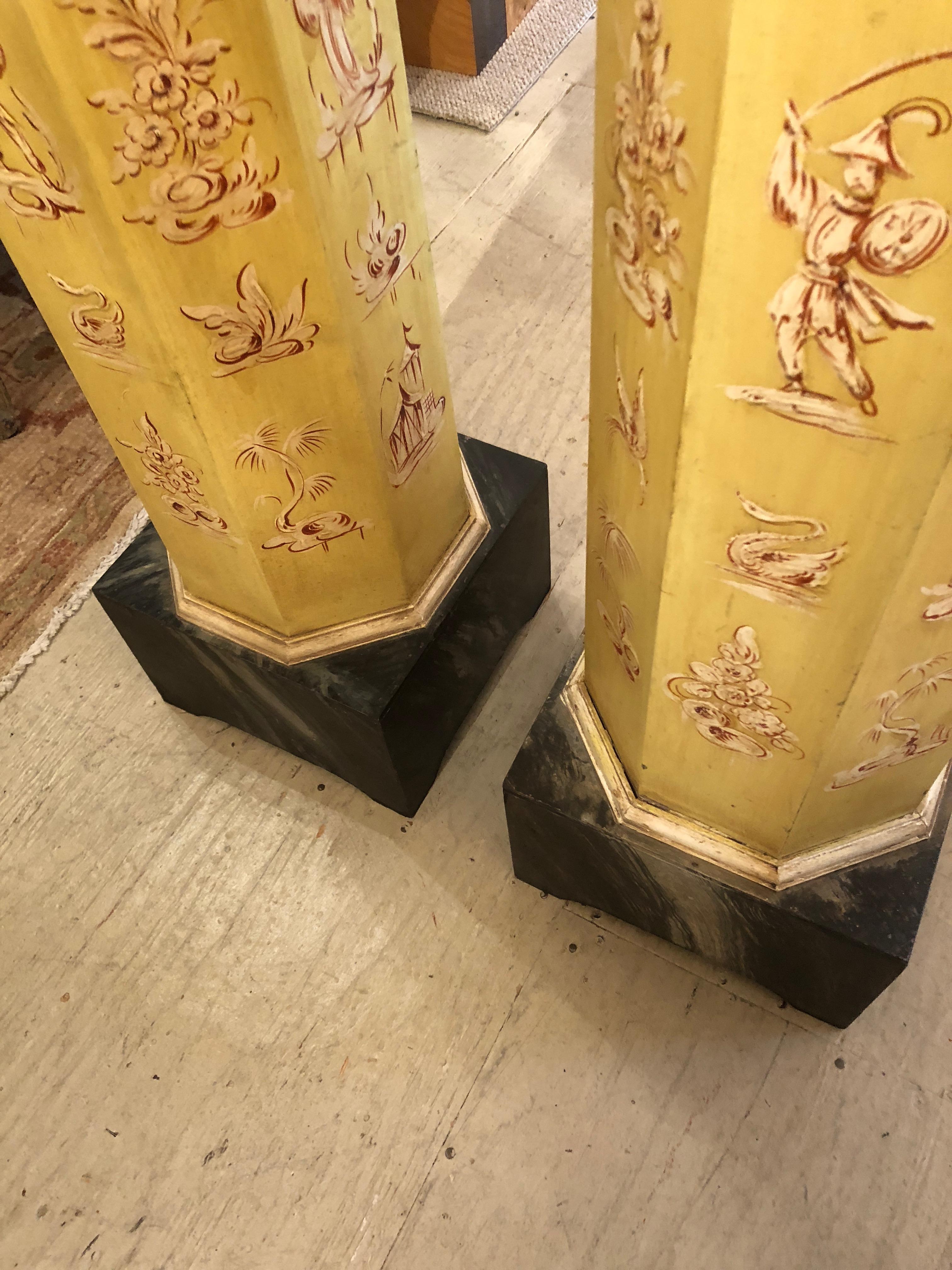 Wood Pair of Smashingly Dramatic Faux Painted Vintage Architectural Columns