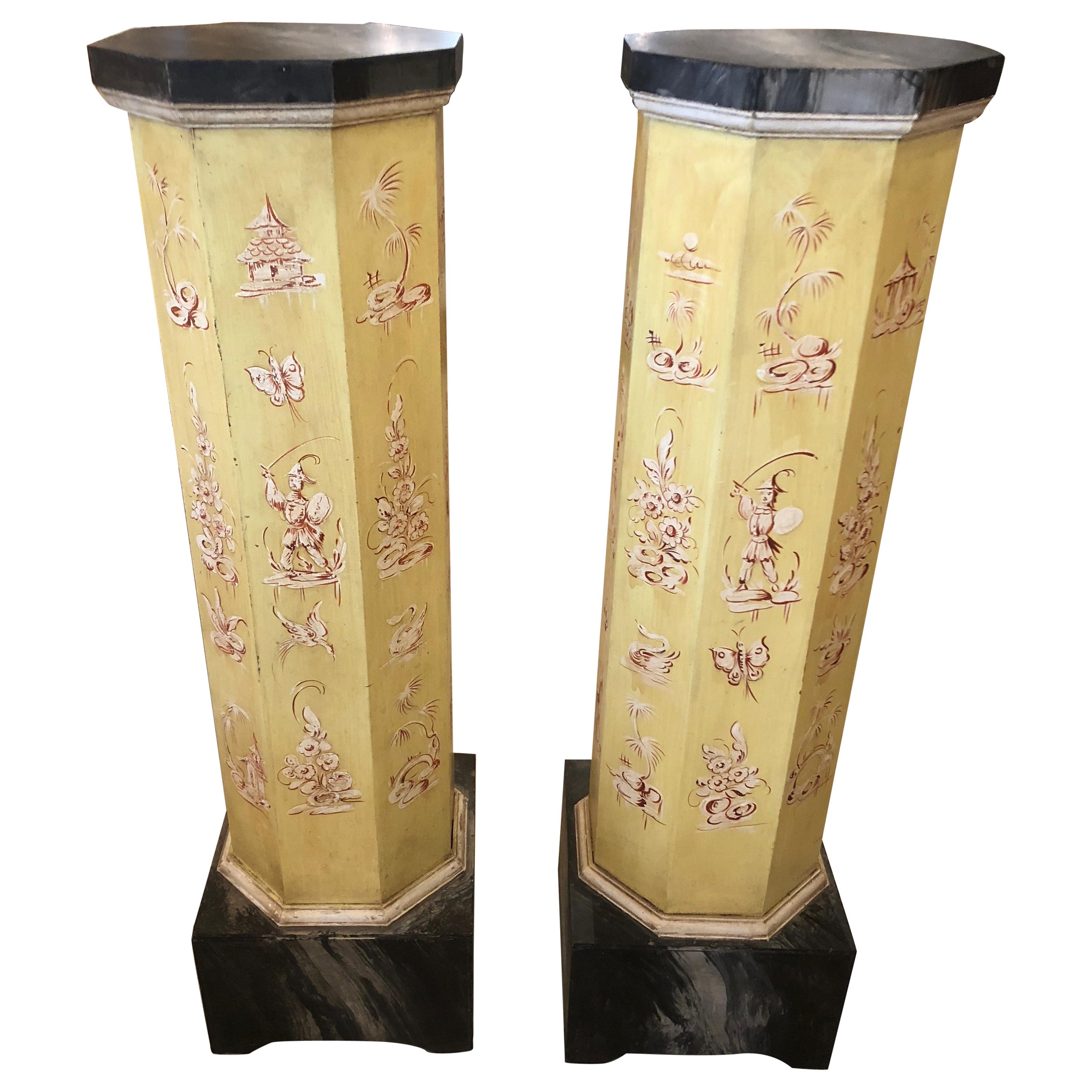 Pair of Smashingly Dramatic Faux Painted Vintage Architectural Columns