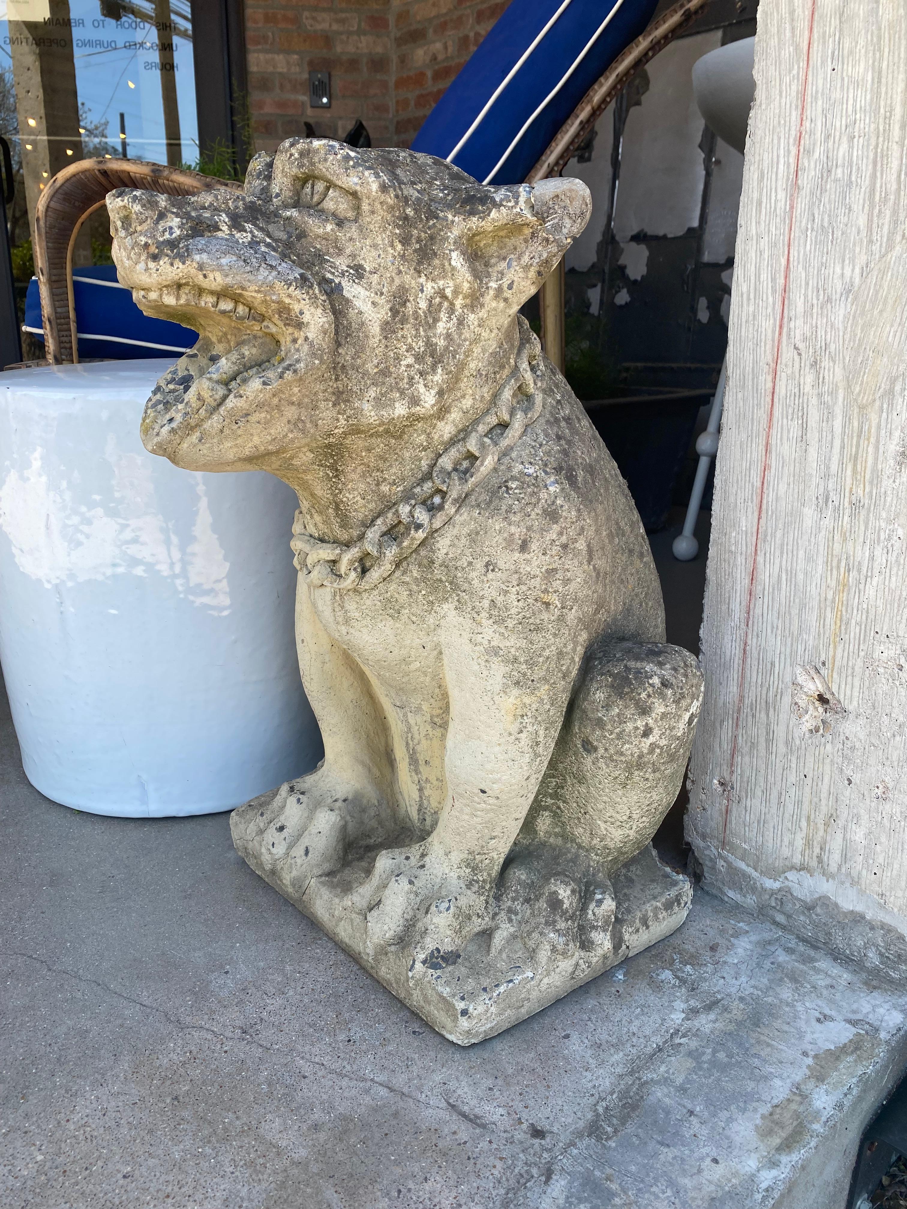 Concrete statues of happy gargoyle dogs.  Lovely patina.  Belgium, 19th century