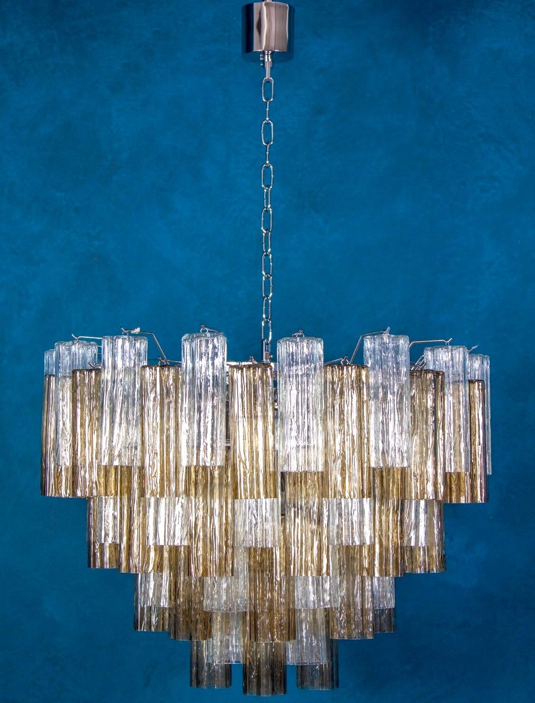 Mid-Century Modern Pair of Smoke and Clear Murano Glass Tronchi Chandelier or Ceiling Light