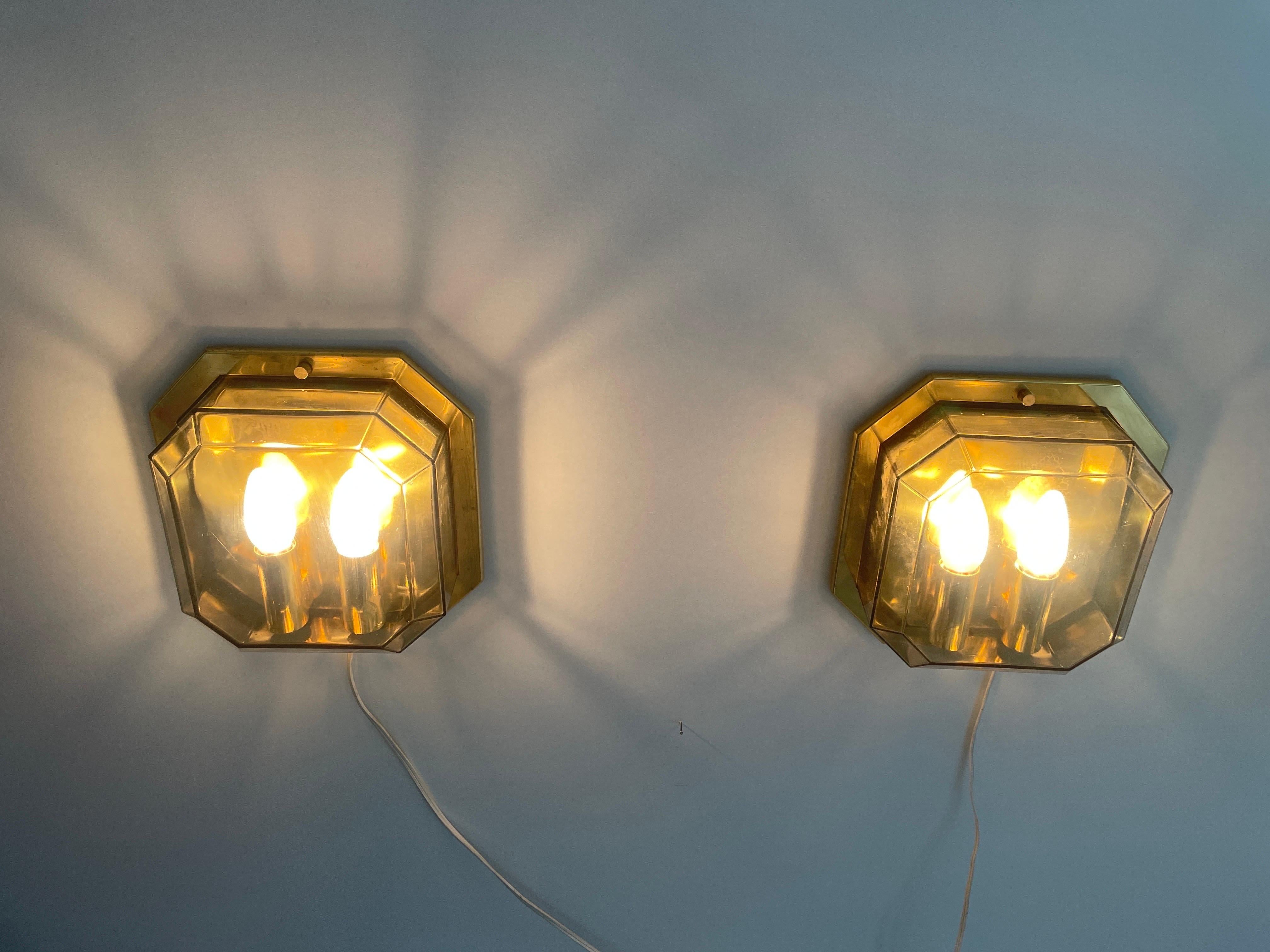 Pair of Smoke Glass & Brass Sconces by Limburg, 1970s, Germany For Sale 8