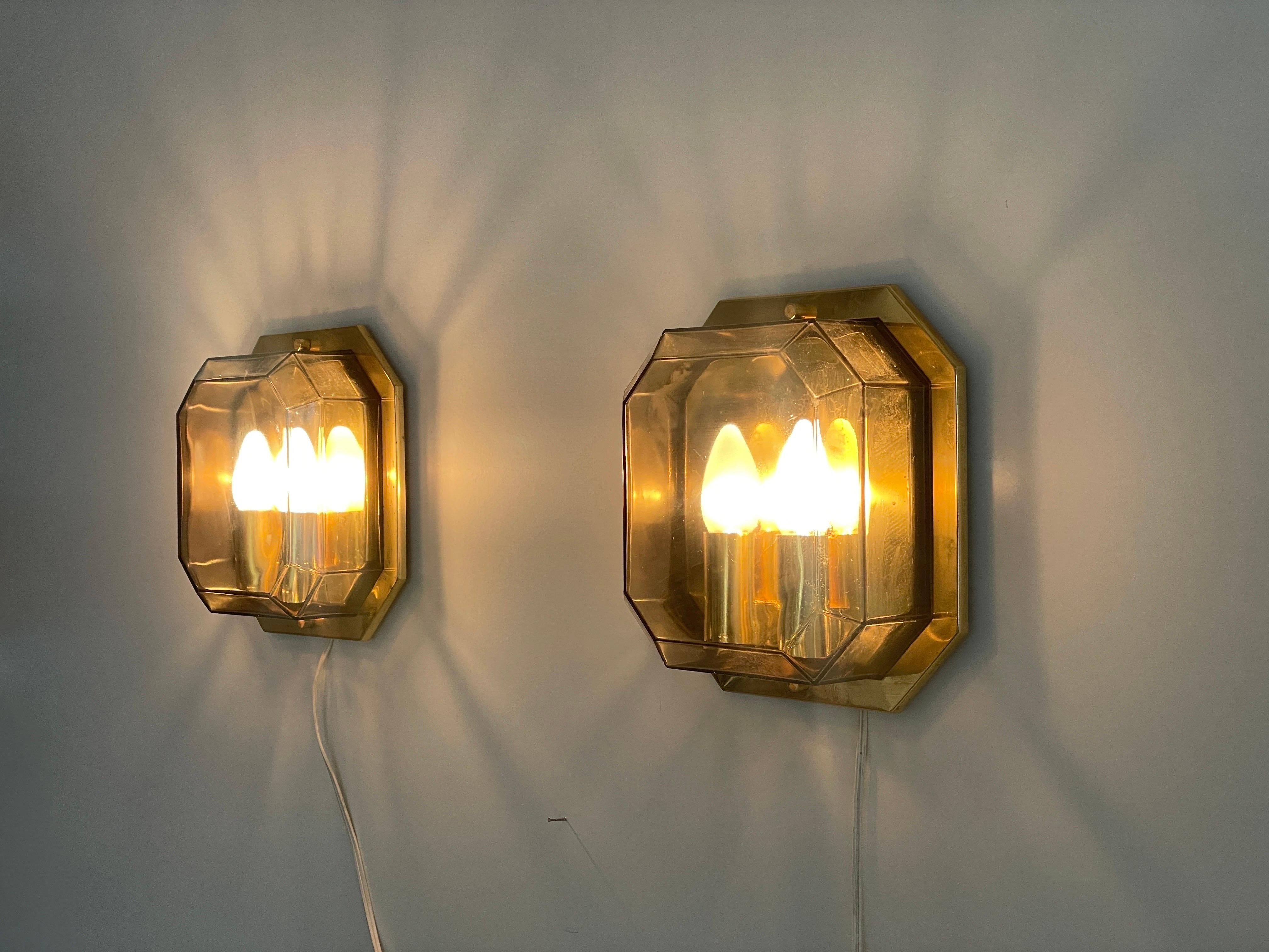 Pair of Smoke Glass & Brass Sconces by Limburg, 1970s, Germany For Sale 10
