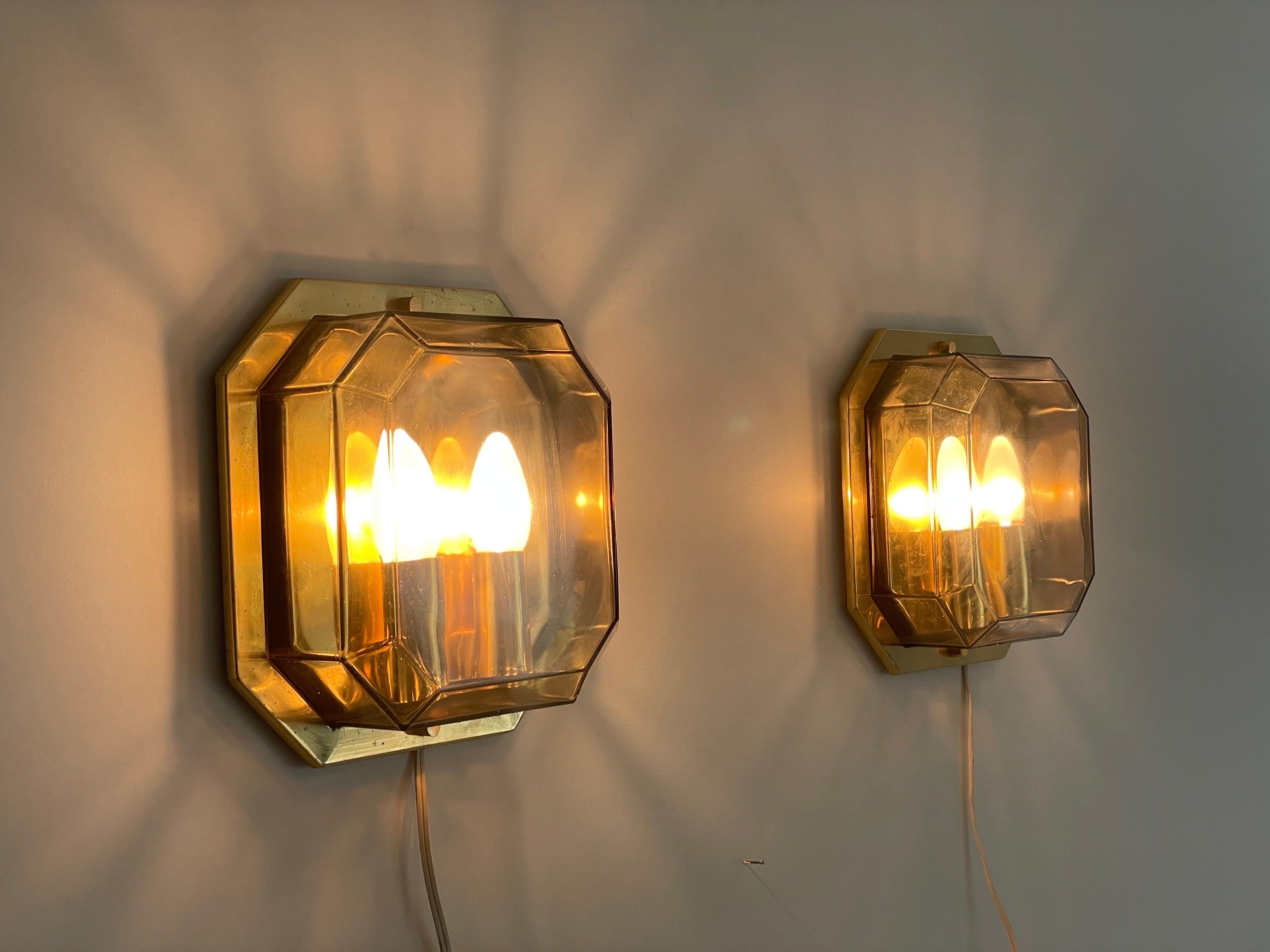 Pair of Smoke Glass & Brass Sconces by Limburg, 1970s, Germany For Sale 11