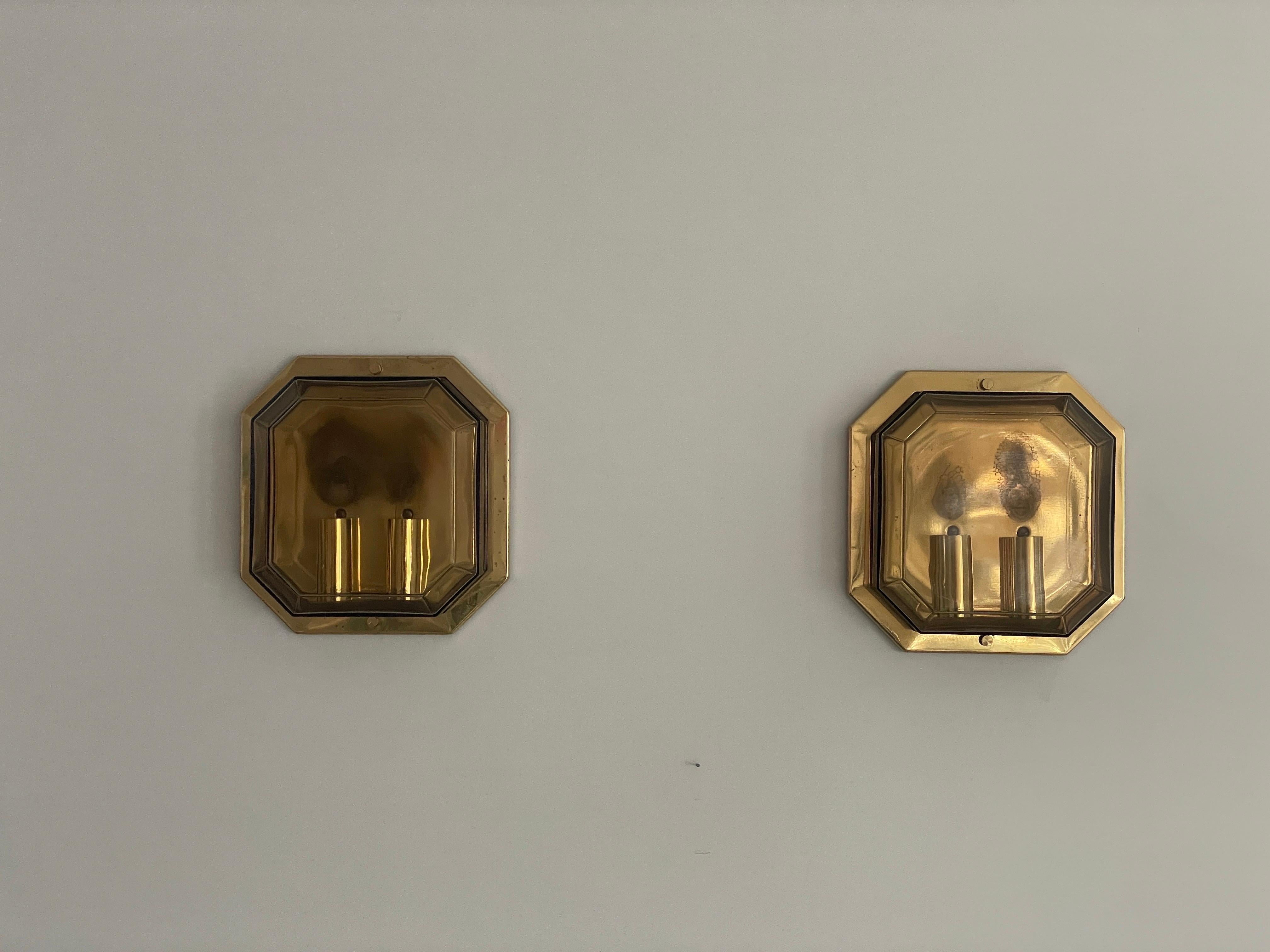 Mid-Century Modern Pair of Smoke Glass & Brass Sconces by Limburg, 1970s, Germany For Sale