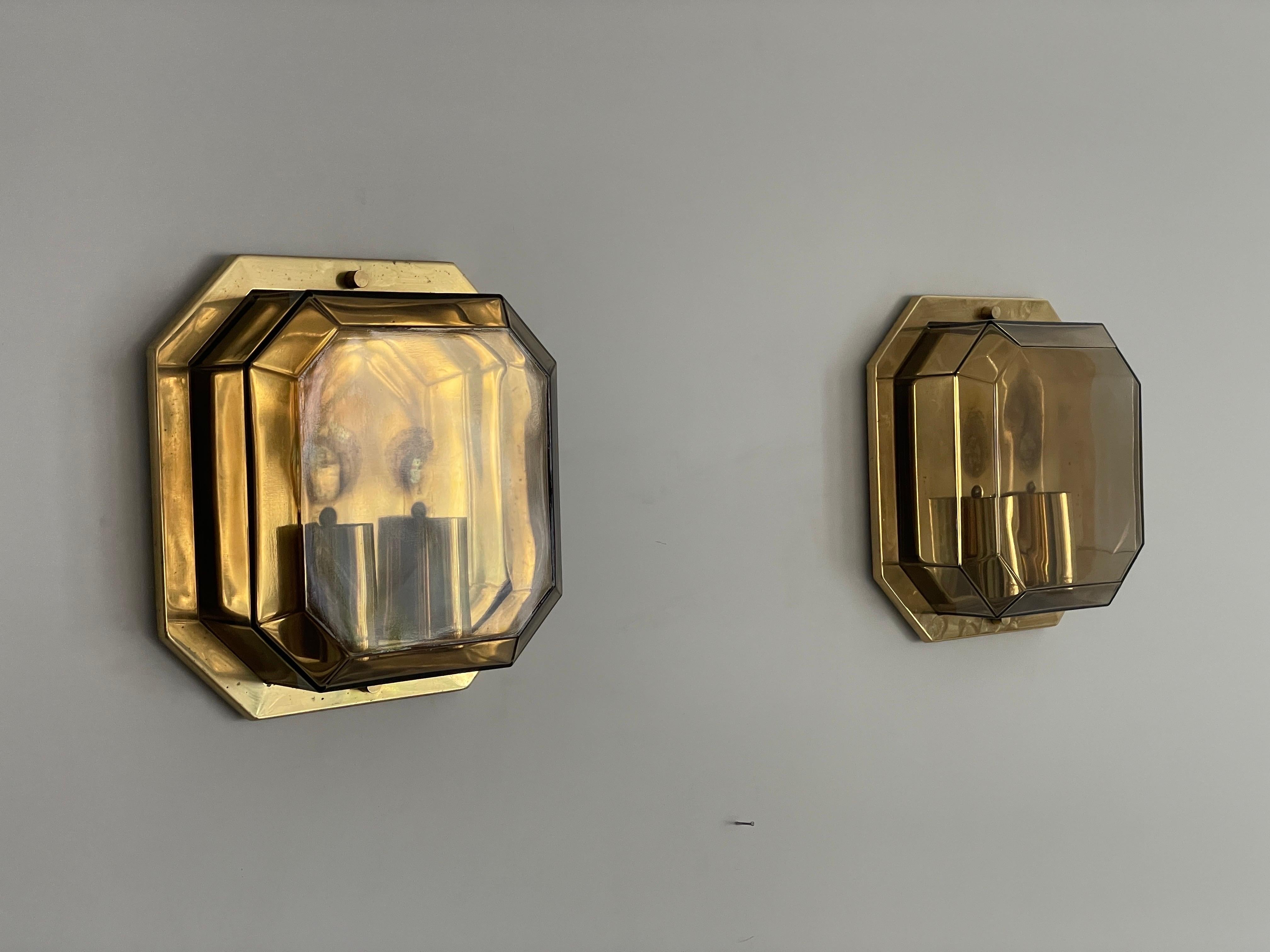 Pair of Smoke Glass & Brass Sconces by Limburg, 1970s, Germany In Excellent Condition For Sale In Hagenbach, DE