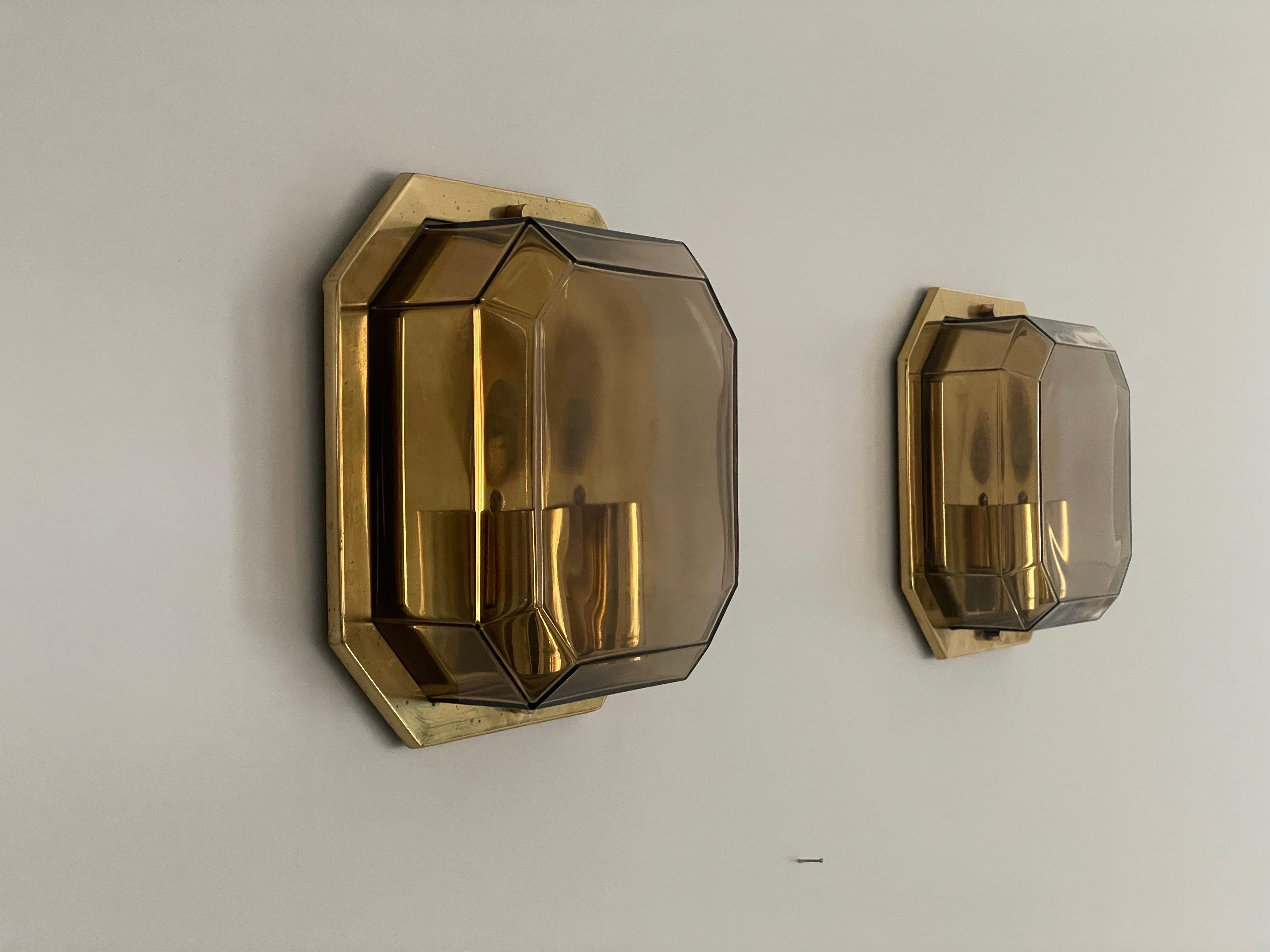 Pair of Smoke Glass & Brass Sconces by Limburg, 1970s, Germany For Sale 2
