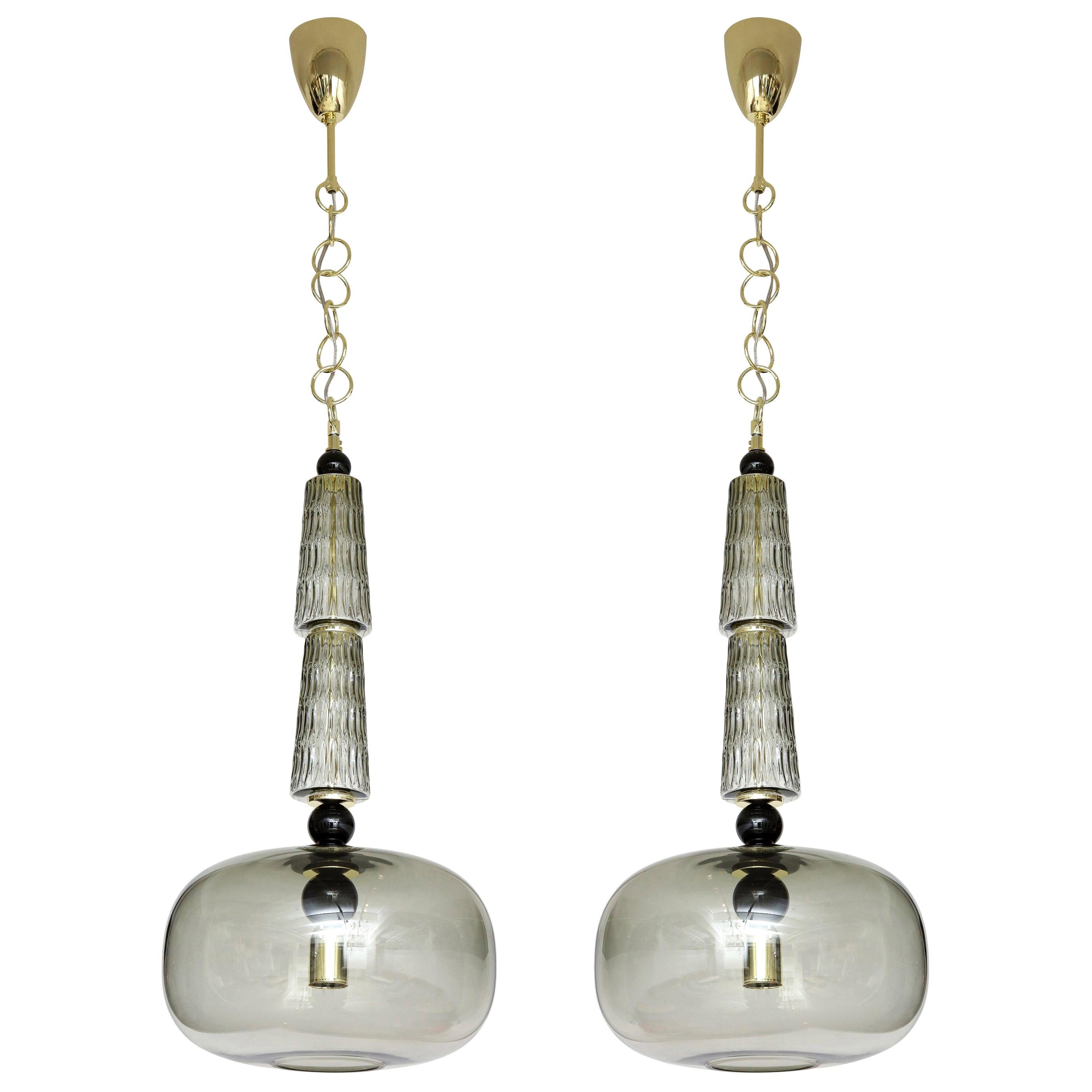 Pair of Smoke Taupe Grey Murano Glass Globes and Brass Pendants, Italy