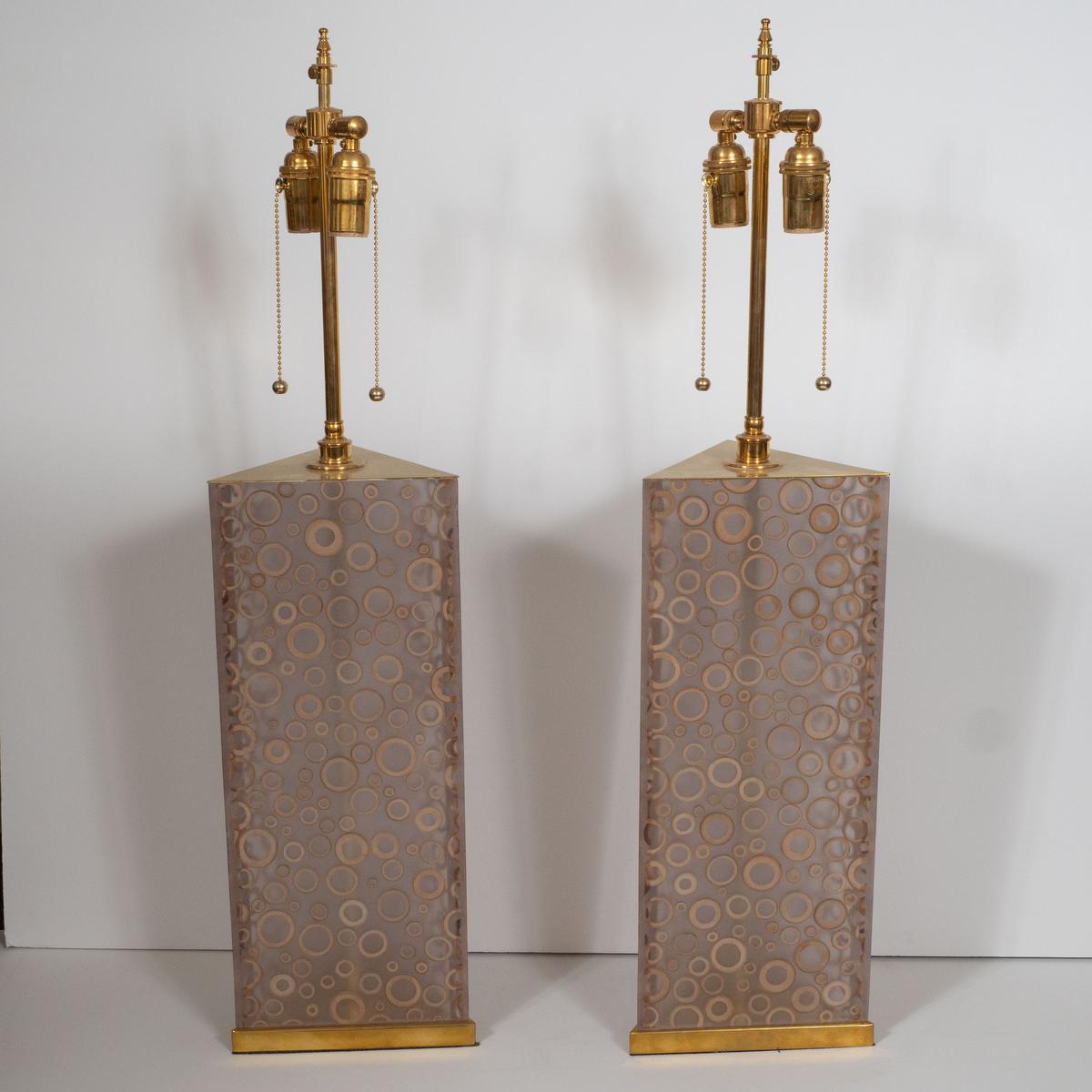 Italian Pair of Smoked Acrylic Lamps with Ring Motif For Sale