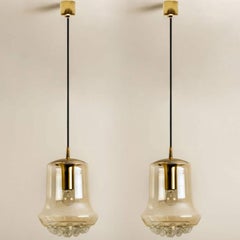 Pair of Smoked Brown Glass and Brass Pendant Lights by Peill and Putzler, 1960s