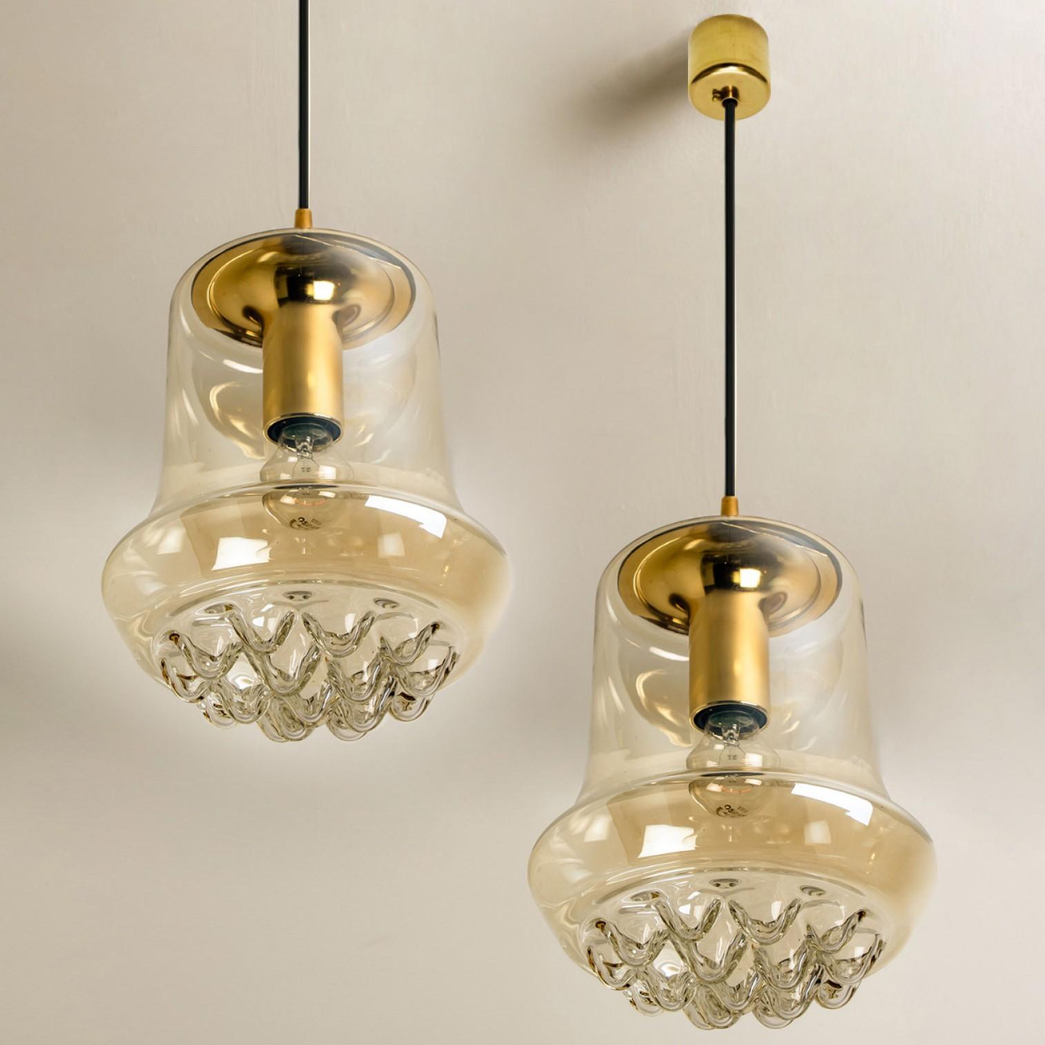Other Pair of Smoked Brown Glass and Brass Pendant Lights by Peill and Putzler, 1960s For Sale
