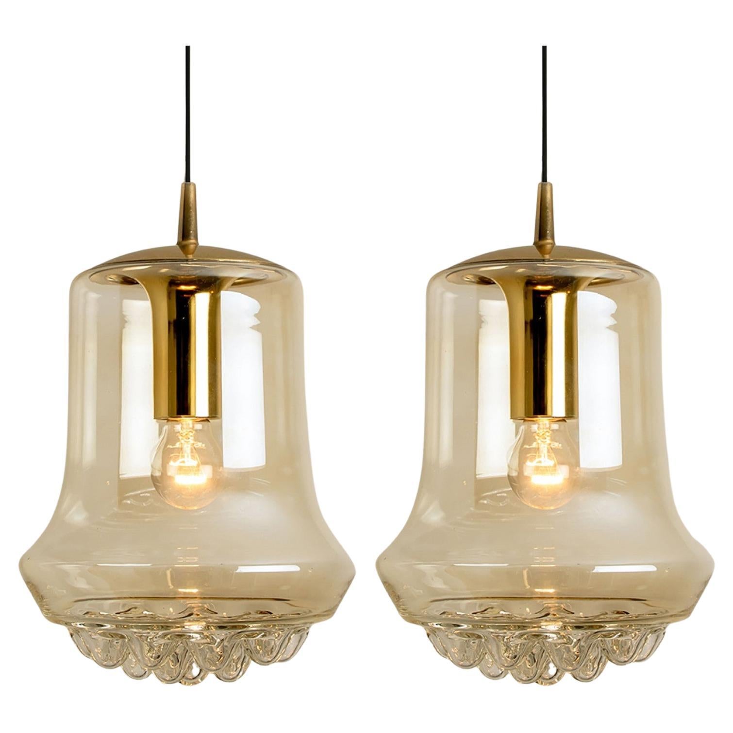 Pair of Smoked Brown Glass and Brass Pendant Lights by Peill and Putzler, 1960s For Sale