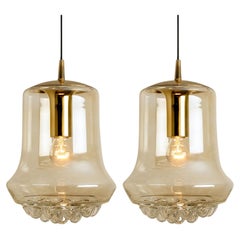 Pair of Smoked Brown Glass and Brass Pendant Lights by Peill and Putzler, 1960s