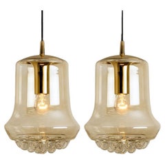 Pair of Smoked Brown Glass and Brass Pendant Lights by Peill and Putzler, 1960s