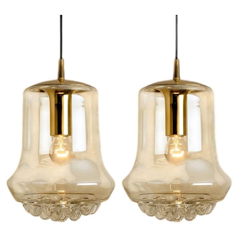 Pair of Smoked Brown Glass and Brass Pendant Lights by Peill and Putzler, 1960s