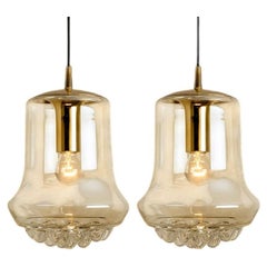 Pair of Smoked Brown Glass and Brass Pendant Lights by Peill and Putzler, 1960s