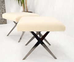 Pair of Smoked Chrome X Shape Square Benches Ottomans Stools
