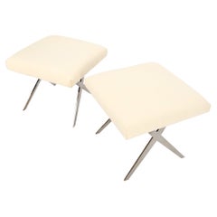 Pair of Smoked Chrome X Shape Square Benches Ottomans Stools