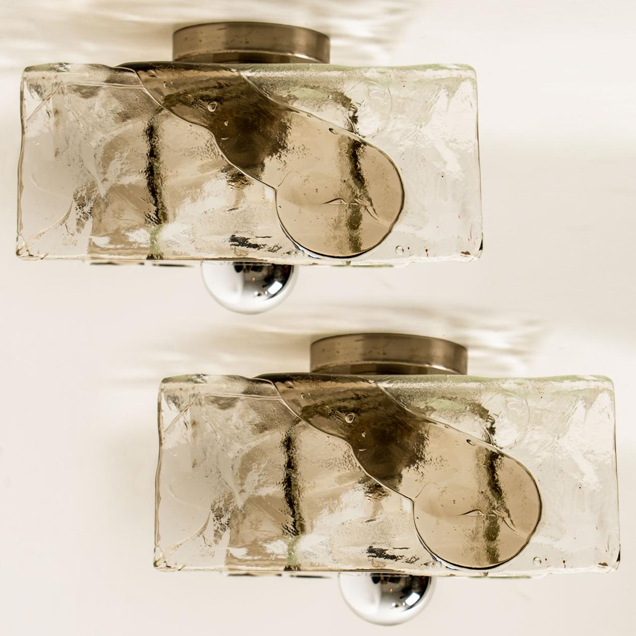 Steel 1 of the 2 Pair of Smoked Clear Hand Blown Flushes /Sconces By Nason For Sale