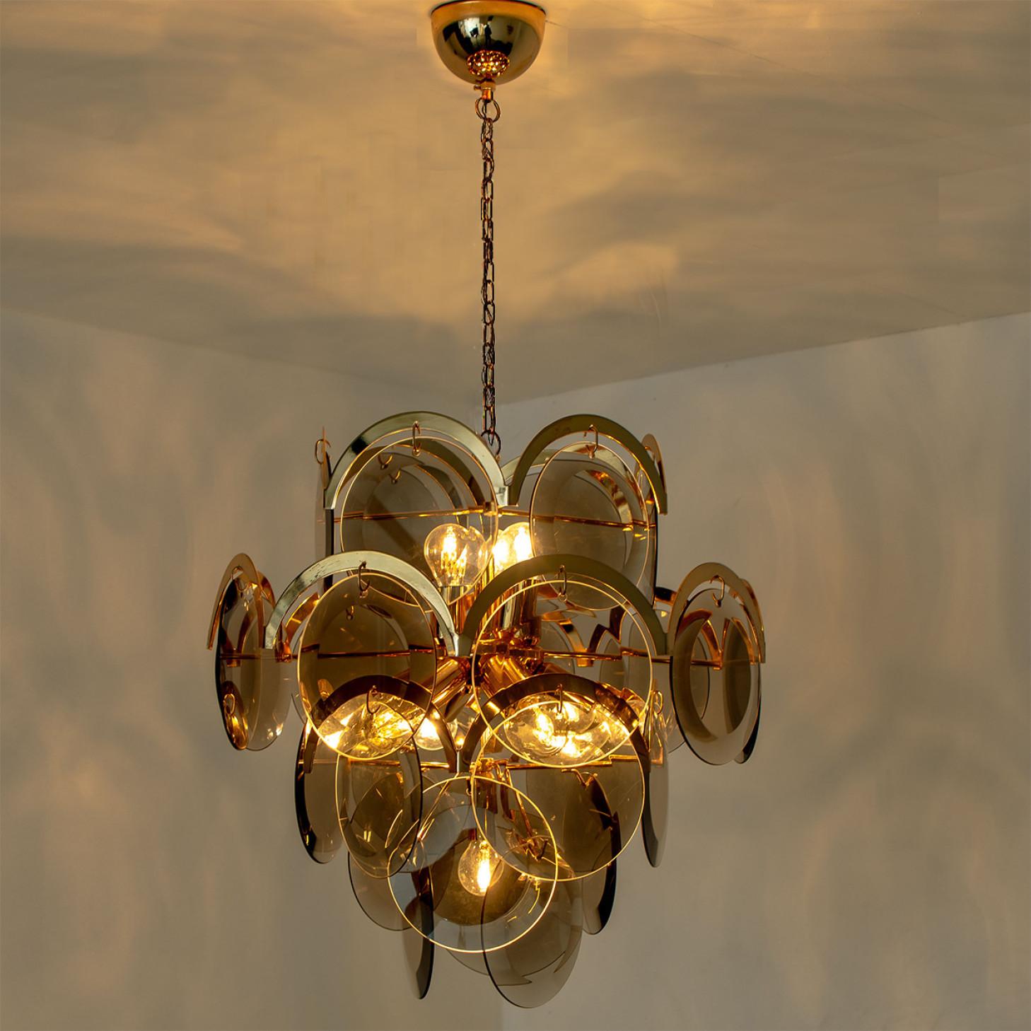 Pair of Smoked Glass and Brass Chandelier in style of Vistosi, Italy, 1970s For Sale 4