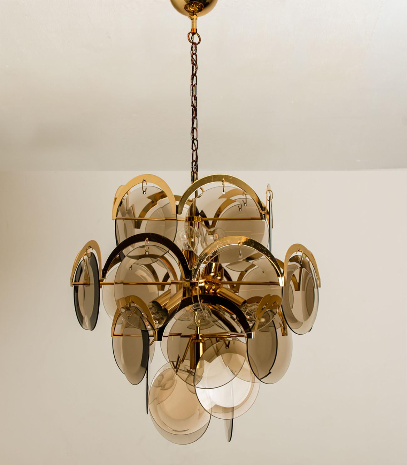 Pair of Smoked Glass and Brass Chandelier in style of Vistosi, Italy, 1970s For Sale 6