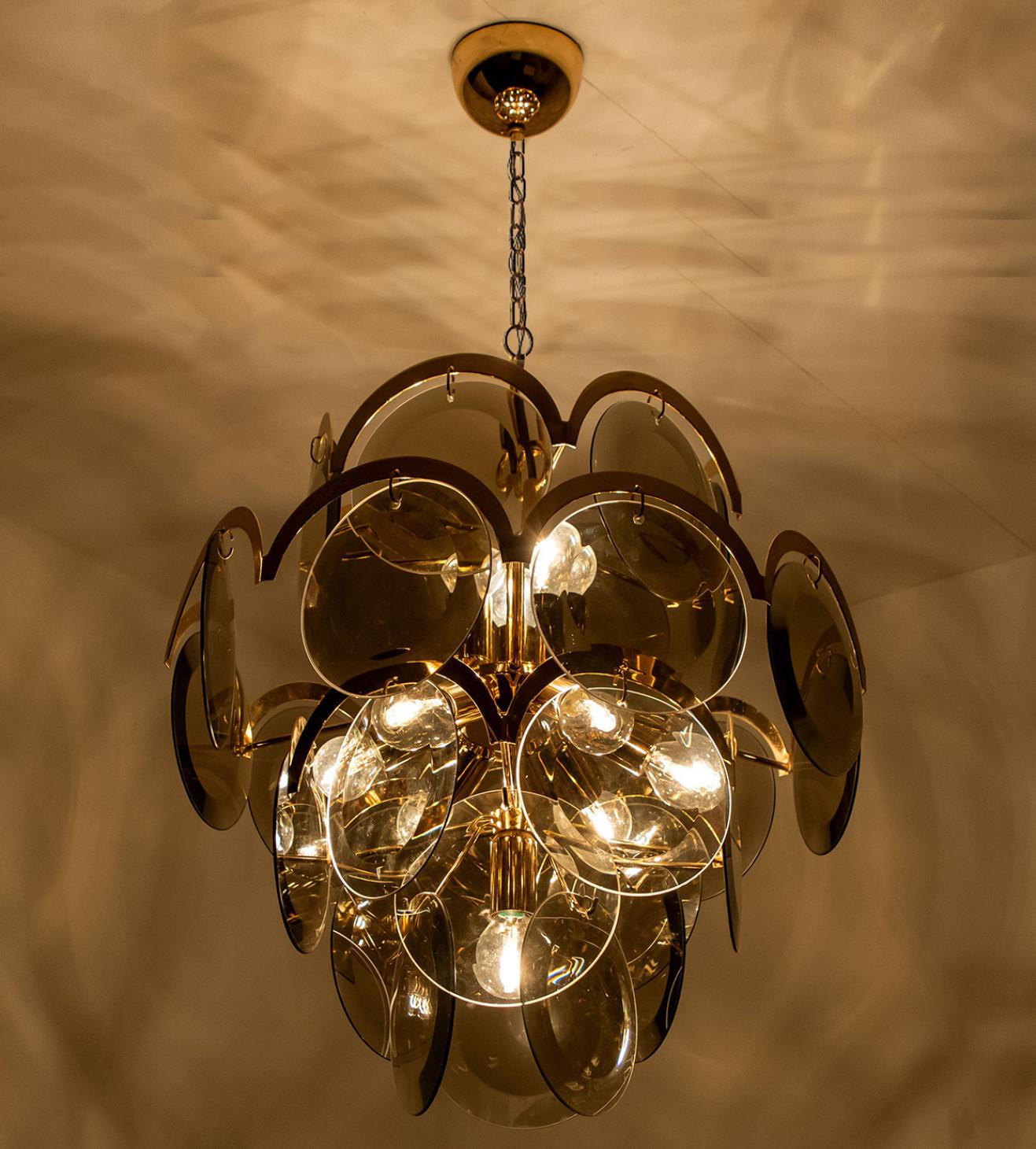 Pair of Smoked Glass and Brass Chandelier in style of Vistosi, Italy, 1970s For Sale 9