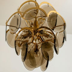 Pair of Smoked Glass and Brass Chandelier in style of Vistosi, Italy, 1970s