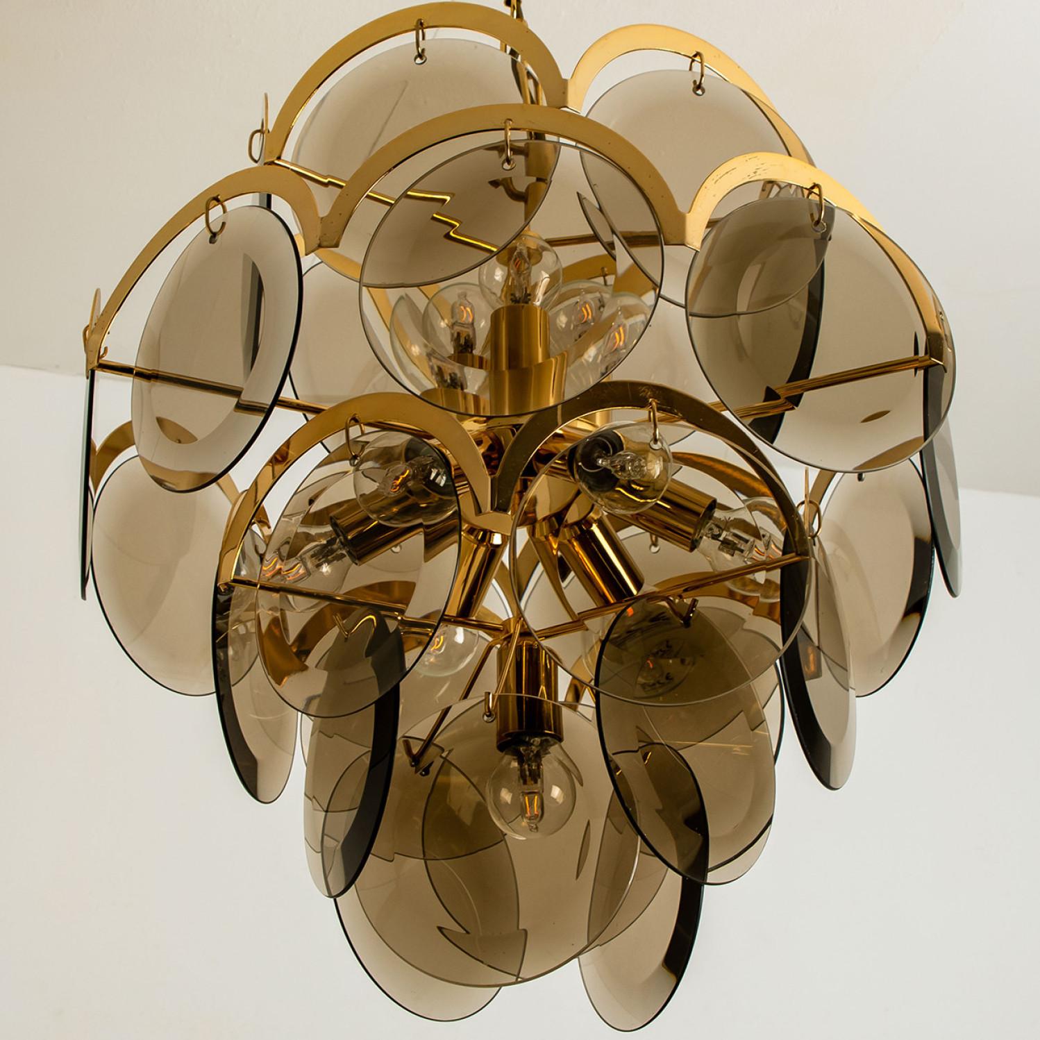 Mid-Century Modern Pair of Smoked Glass and Brass Chandelier in style of Vistosi, Italy, 1970s For Sale