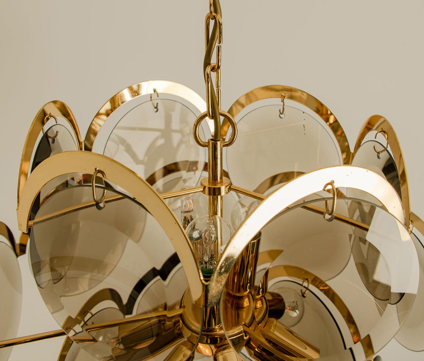 Italian Pair of Smoked Glass and Brass Chandelier in style of Vistosi, Italy, 1970s For Sale