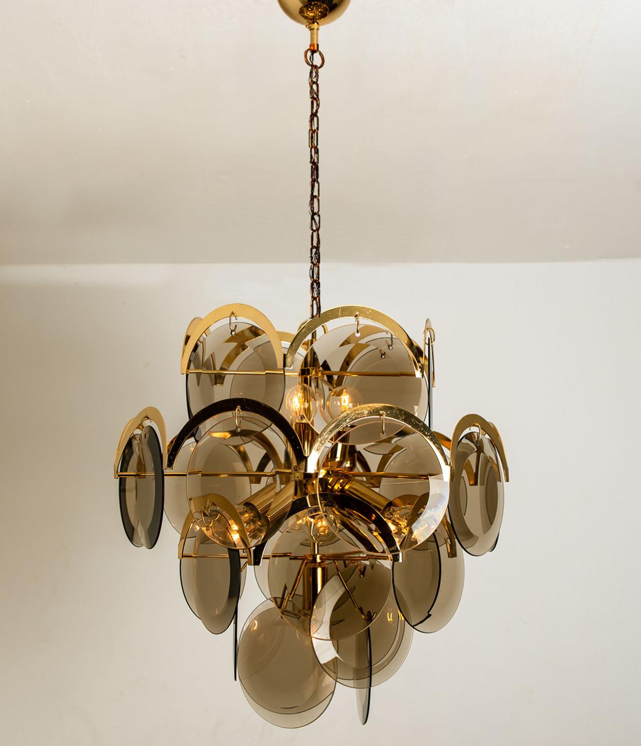 Pair of Smoked Glass and Brass Chandelier in style of Vistosi, Italy, 1970s For Sale 1