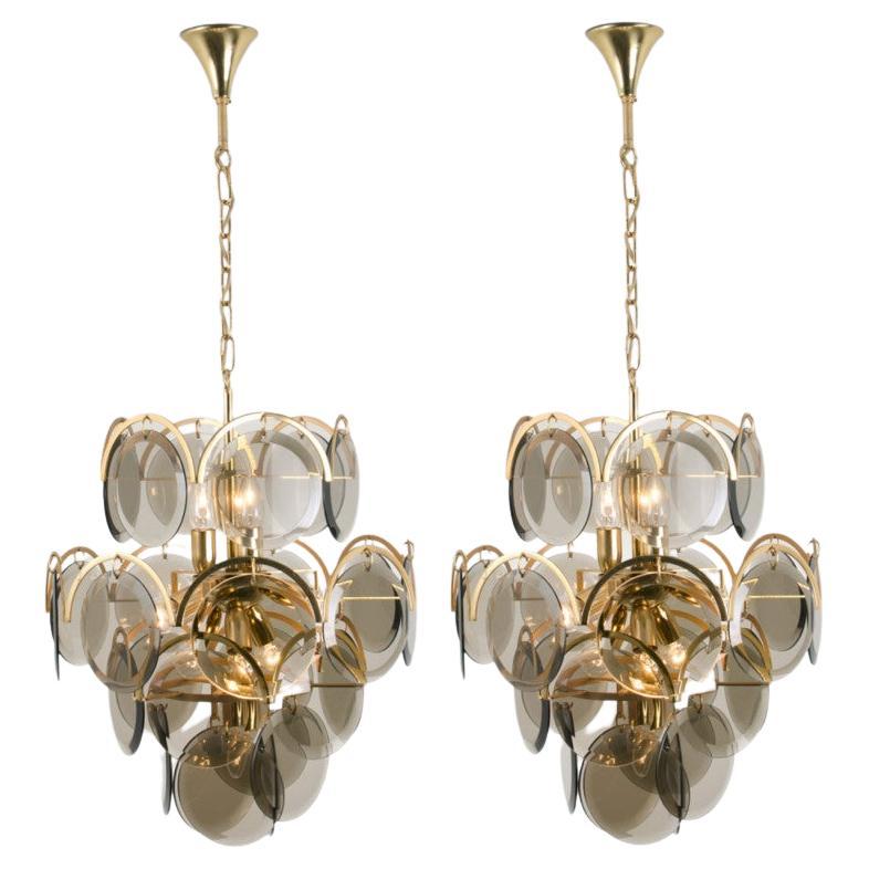 Pair of Smoked Glass and Brass Chandelier in style of Vistosi, Italy, 1970s For Sale