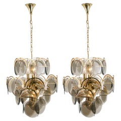 Pair of Smoked Glass and Brass Chandelier in style of Vistosi, Italy, 1970s