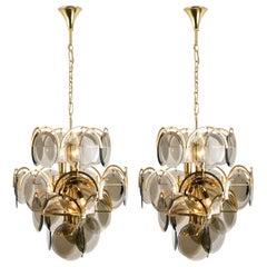 Pair of Smoked Glass and Brass Chandeliers in the Style of Vistosi, Italy, 1970