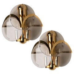 Pair of Smoked Glass and Brass Wall Light by Vistosi, Italy, 1970s