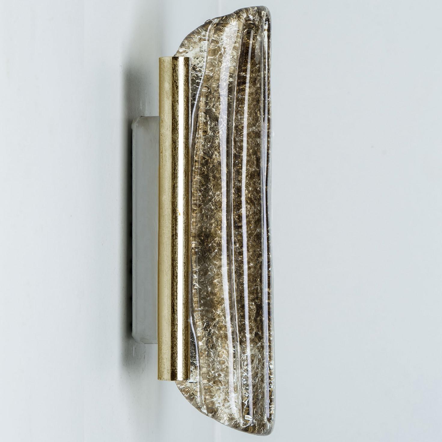 Hollywood Regency Pair of Smoked Glass Brass Wall Lights by Kaiser Leuchten, 1970s For Sale