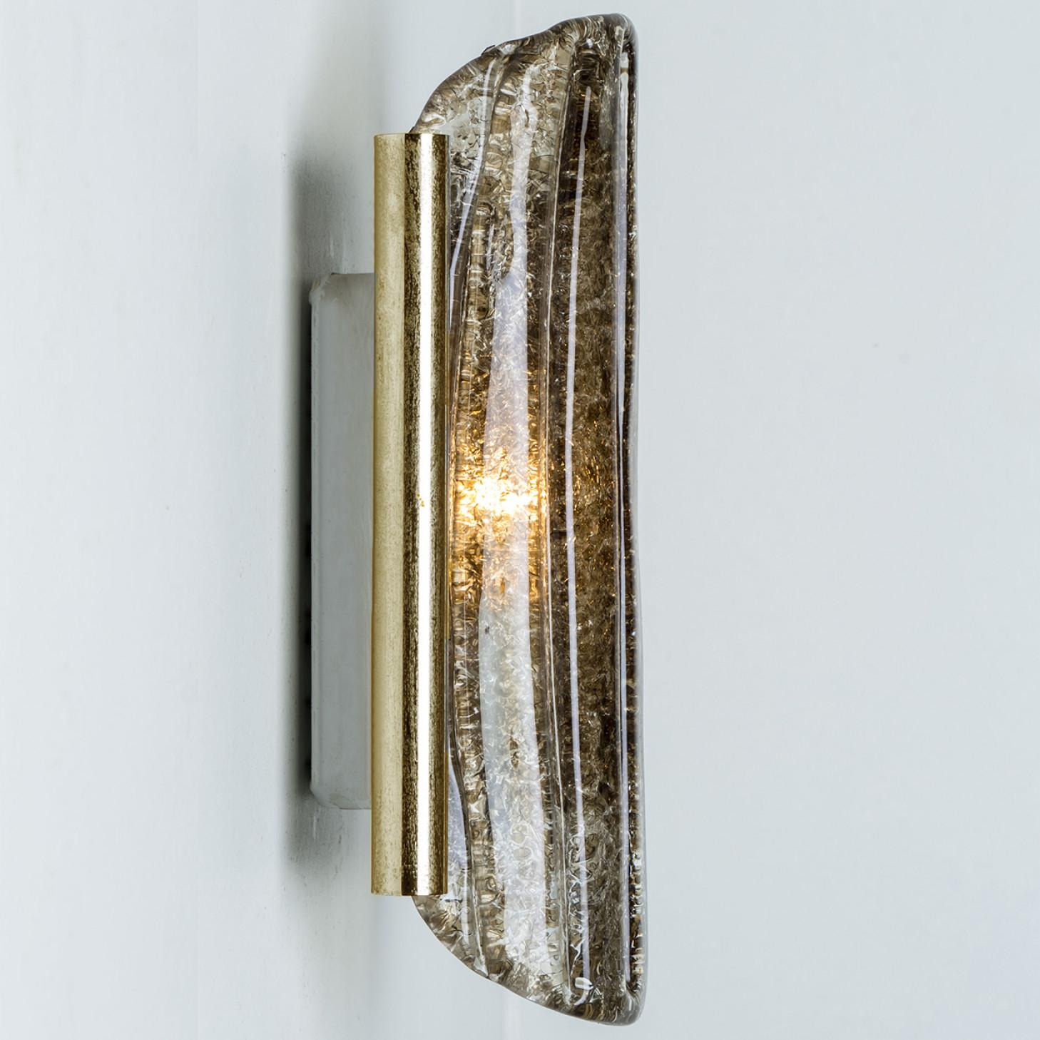 German Pair of Smoked Glass Brass Wall Lights by Kaiser Leuchten, 1970s For Sale