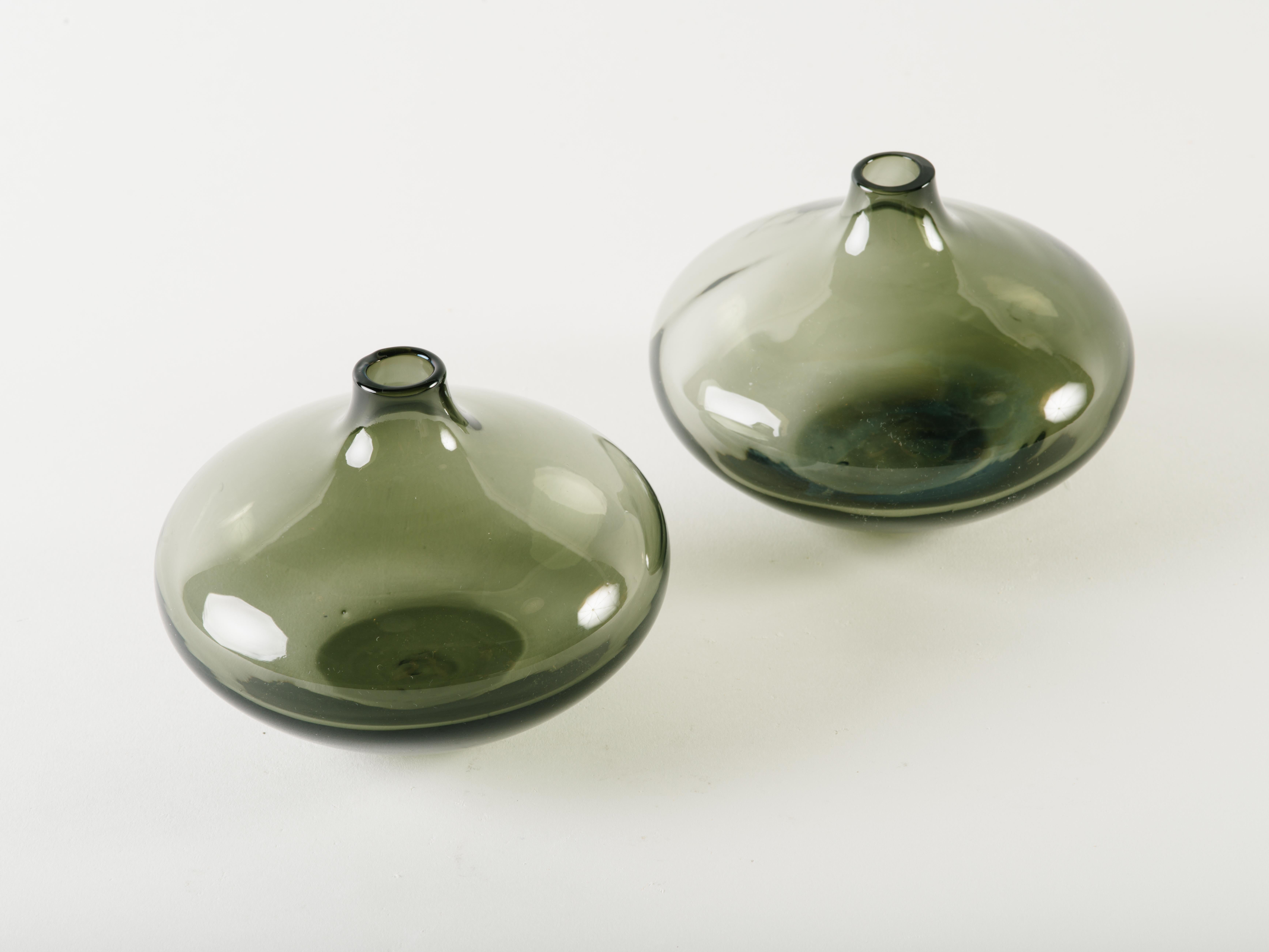 Mid-Century Modern Pair of Smoked Glass Teardrop Bud Vases